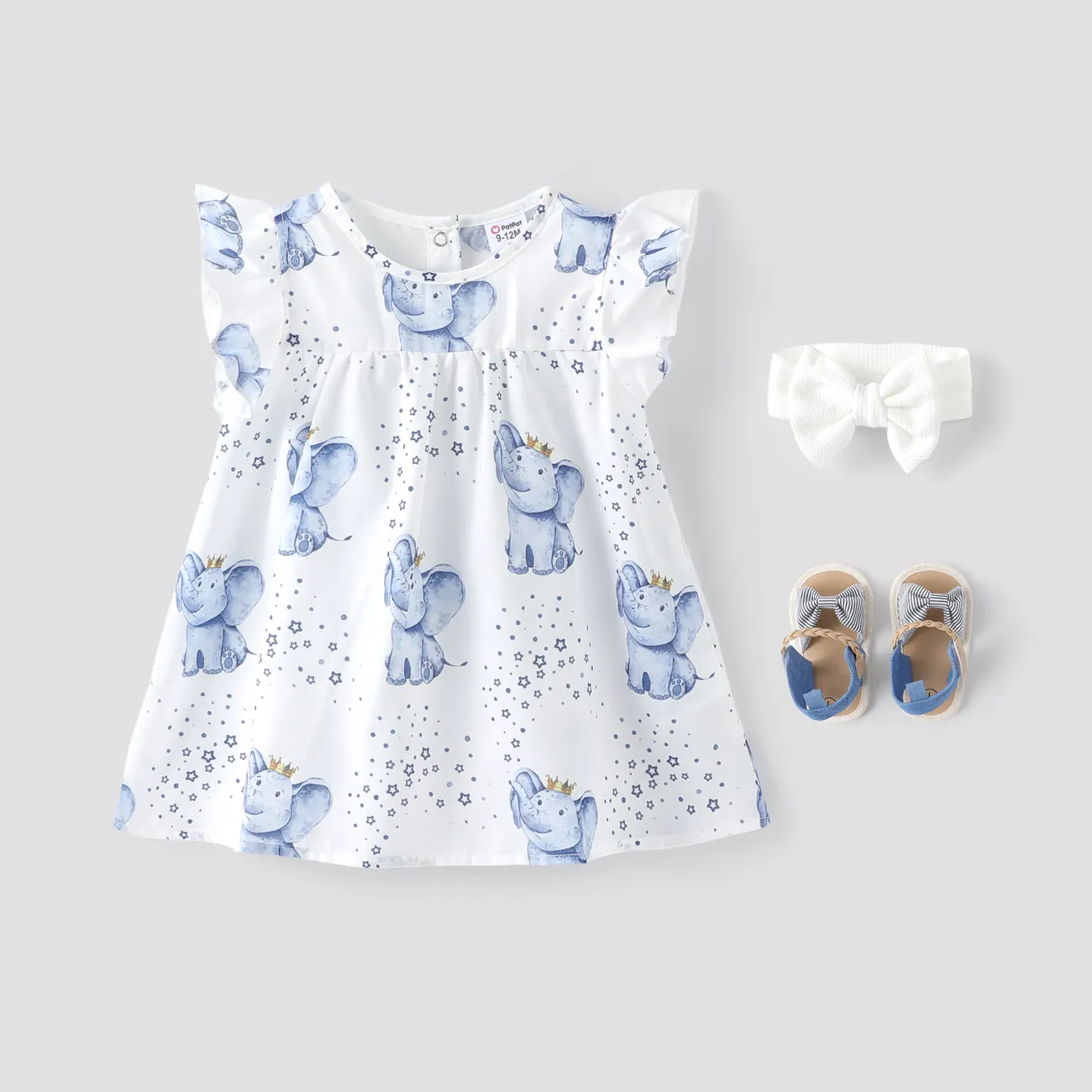 Baby Girl Allover Elephant & Star Print Flutter-sleeve Dress White big image 1