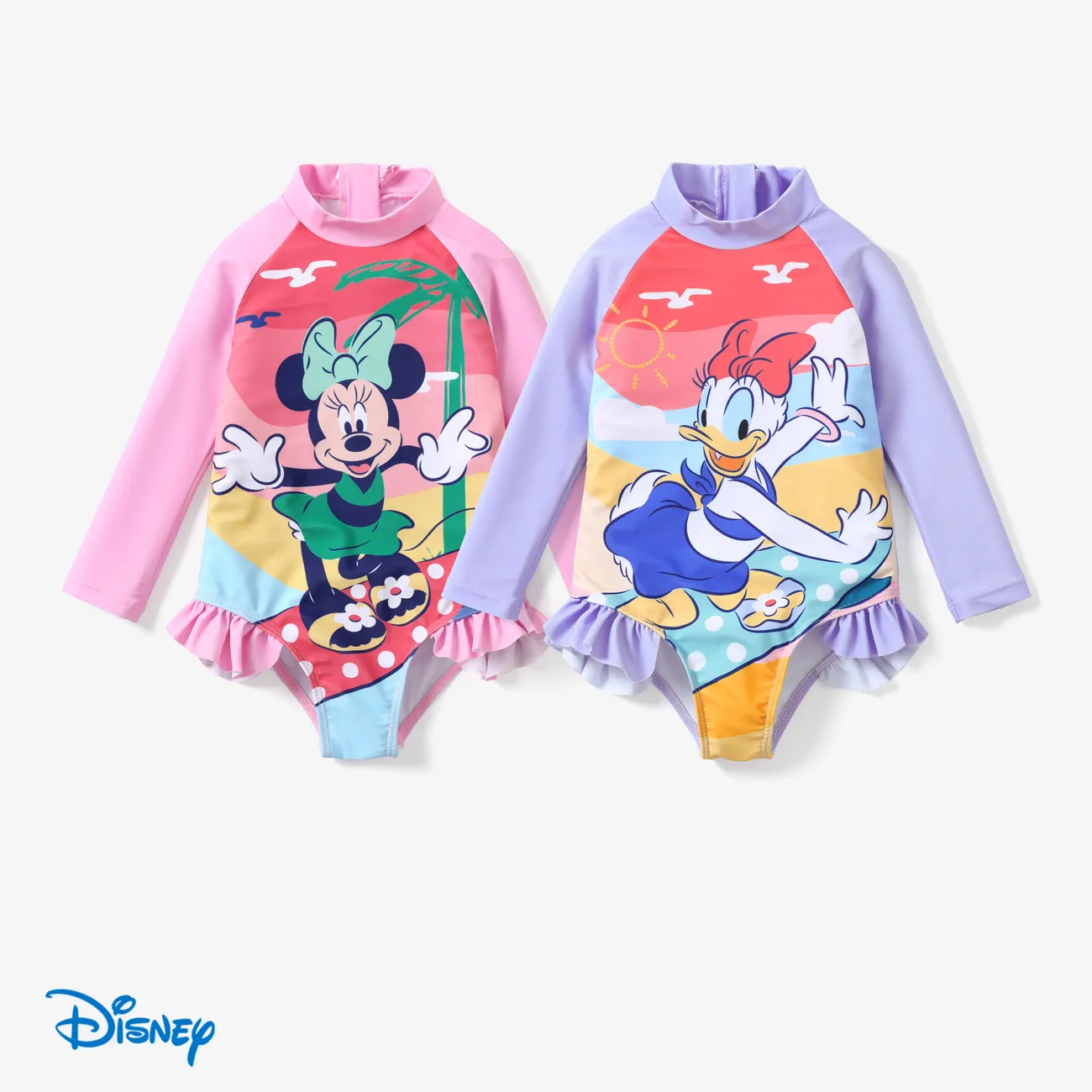 Disney Mickey and Friends 1pc Toddler/Kids Girls Character Print Ruffled Long-Sleeve Swimsuit
 Pink big image 1
