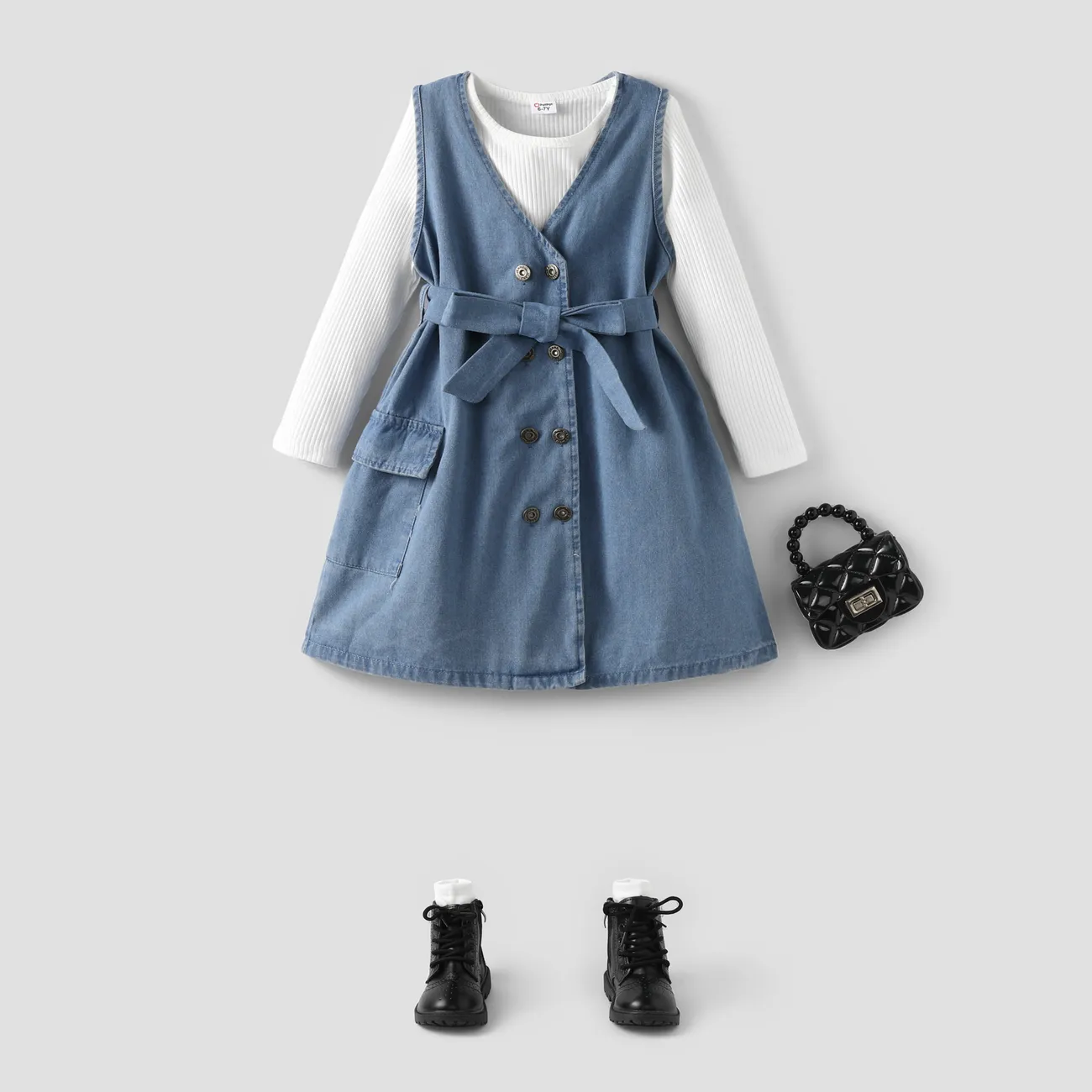 2pcs Kid Girl Avant-garde Solid Color Tshirt and Secret Button Denim Dress Set Blue big image 1