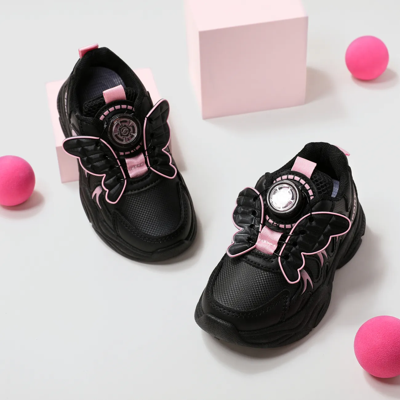 أطفال فتاة 3D فرط اللمس فراشة تصميم الدورية زر الأحذية الرياضية أسود big image 1
