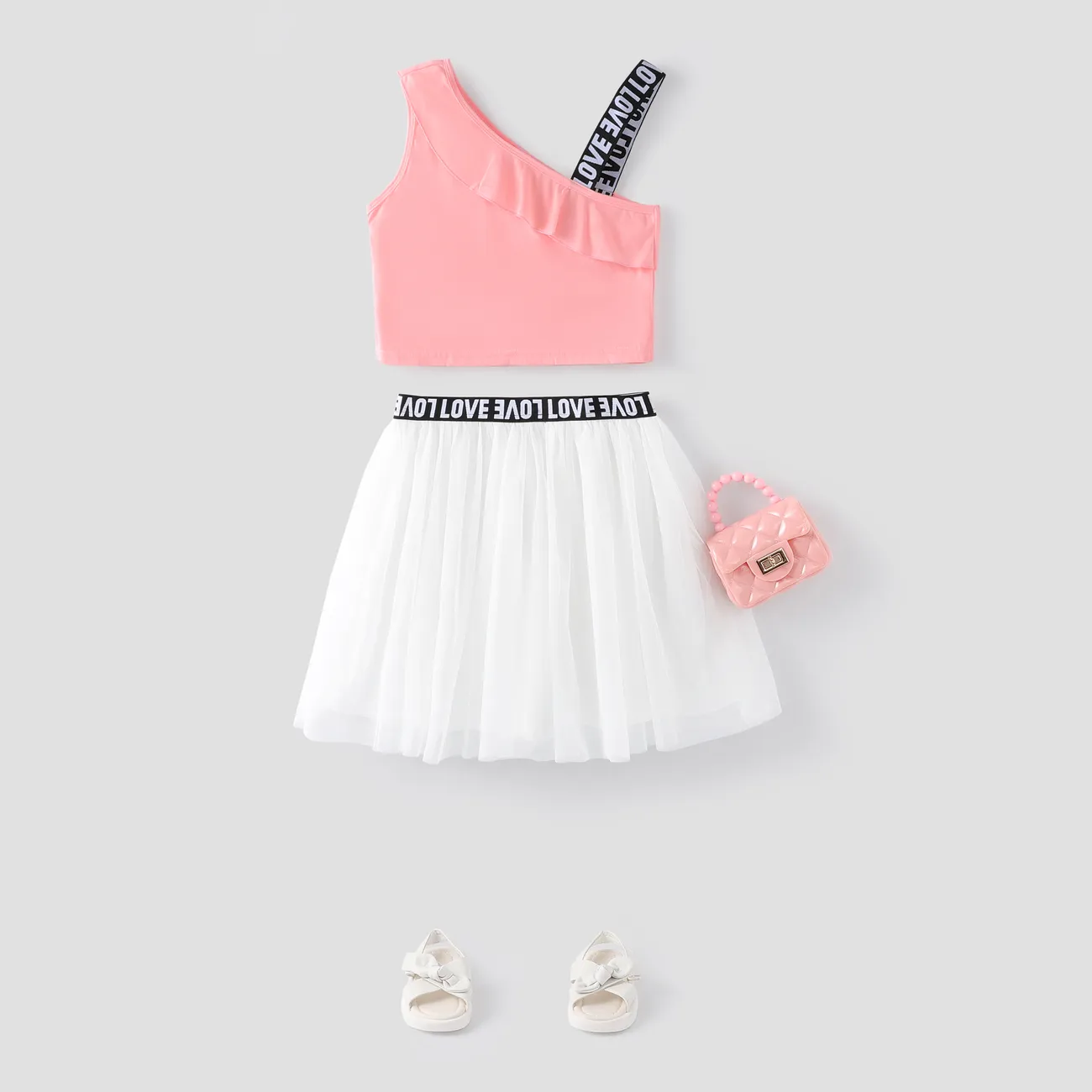 2-piece Kid Girl Letter Print Sleeveless One Shoulder Camisole and Mesh Skirt Set Pink big image 1