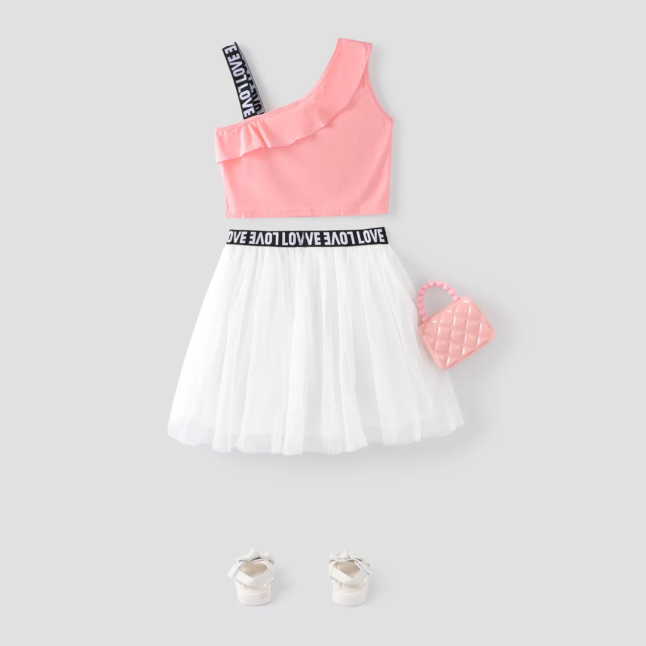 2-piece Kid Girl Letter Print Sleeveless One Shoulder Camisole and Mesh Skirt Set Pink big image 1