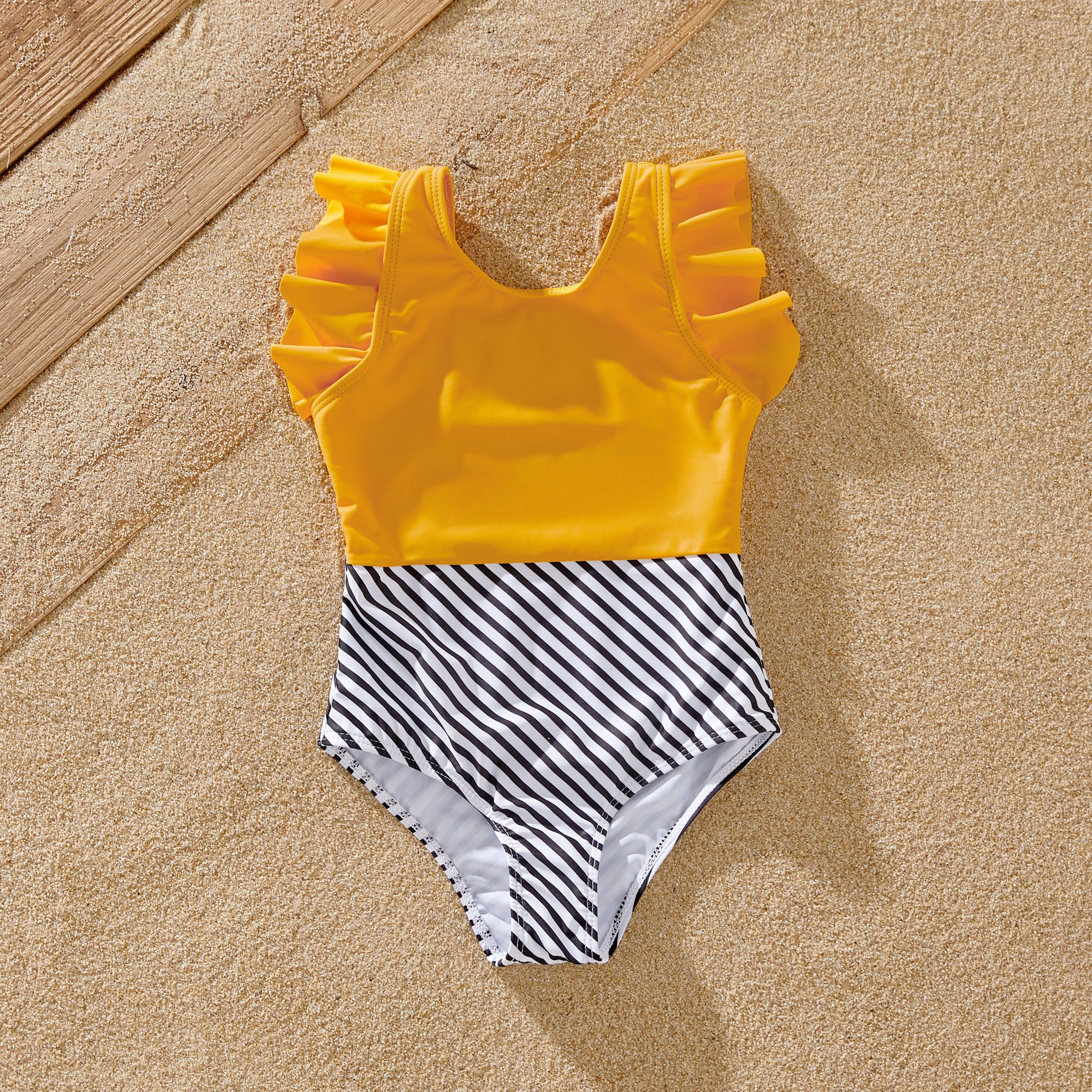Family Matching Striped Colorblock Swim Trunks Shorts and Spaghetti Strap Splicing One-Piece Swimsui