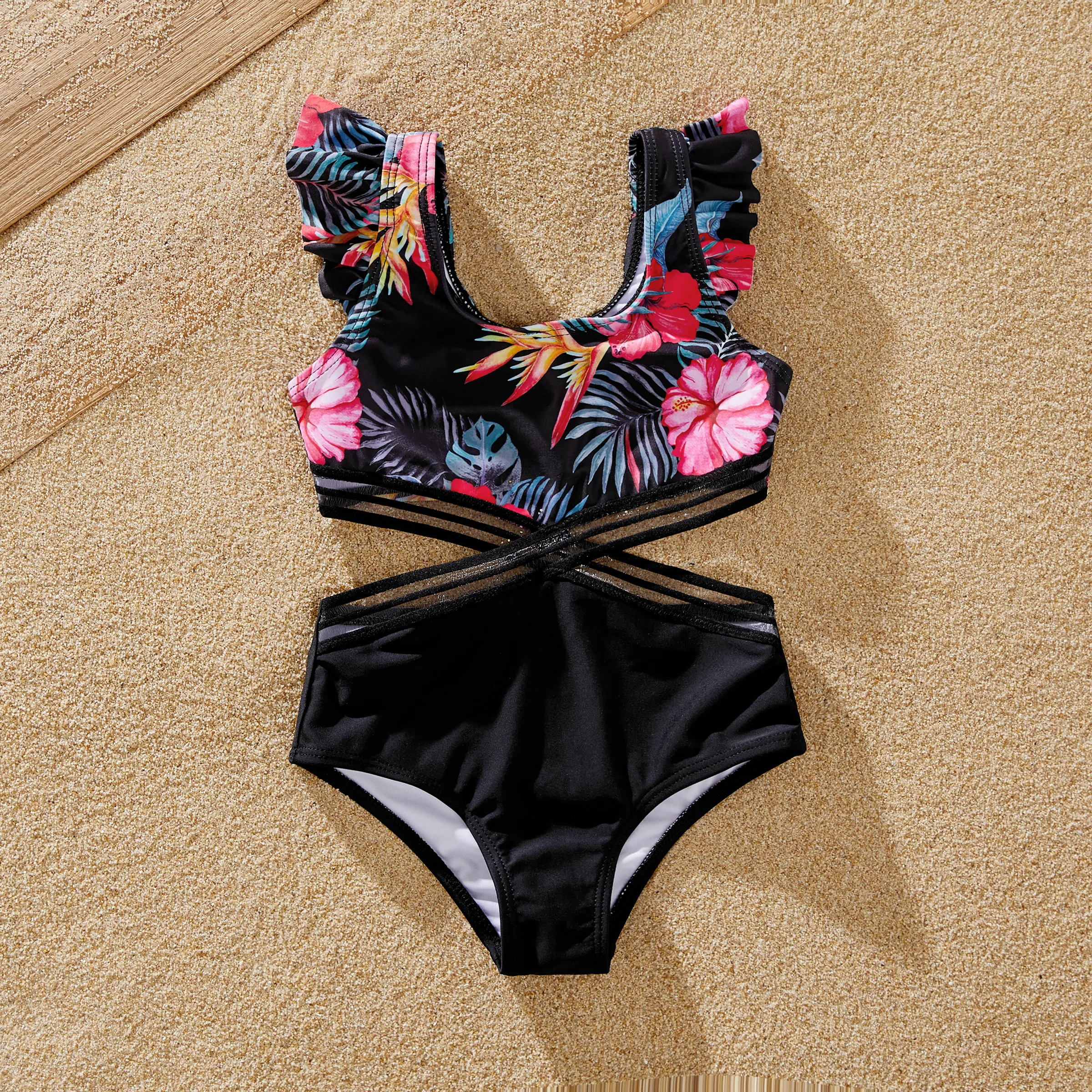 

Family Matching Tropical Floral Drawstring Swim Trunks or Cross Front Flutter Sleeves One-Piece Swimsuit