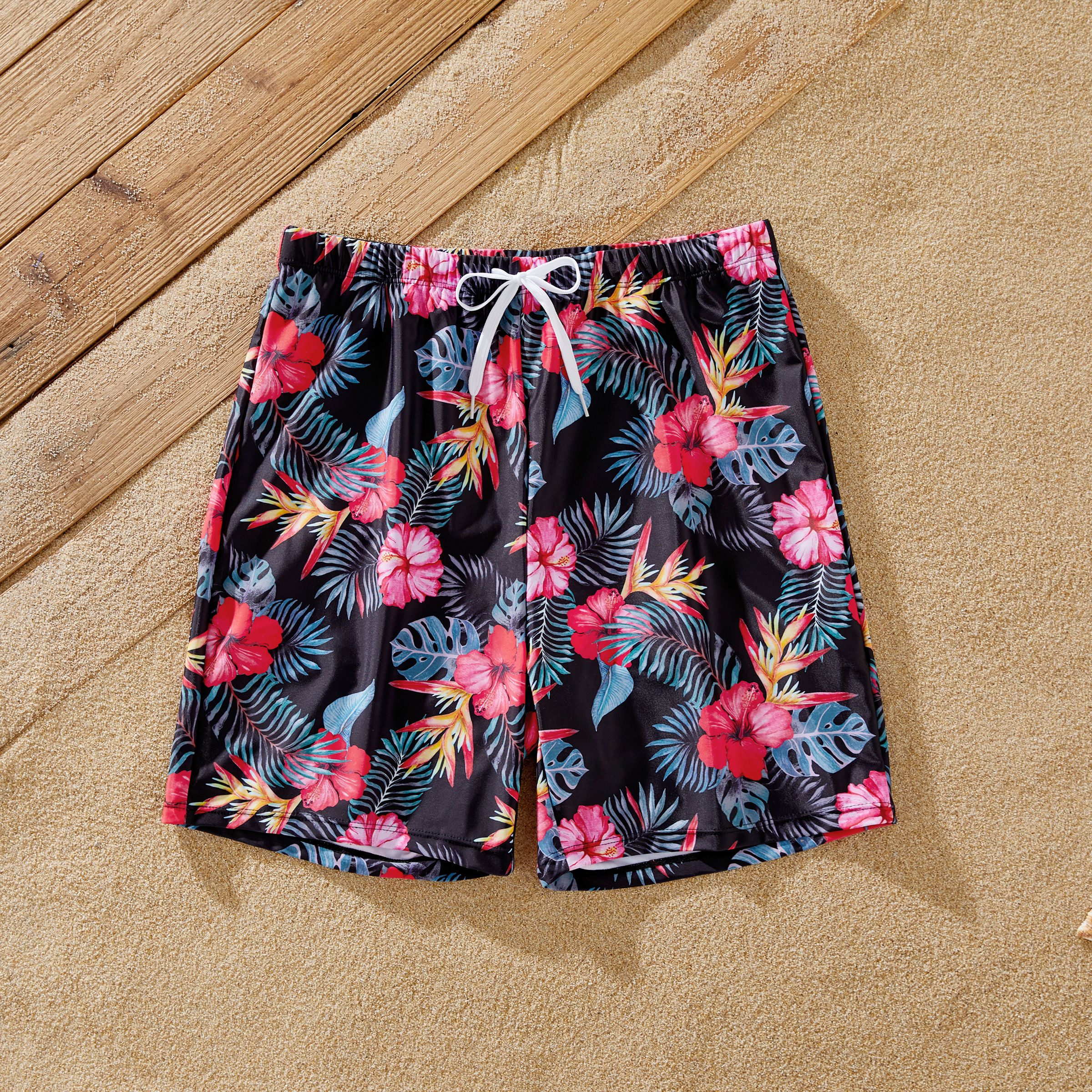 Family Matching Tropical Floral Drawstring Swim Trunks Or Cross Front Flutter Sleeves One-Piece Swimsuit