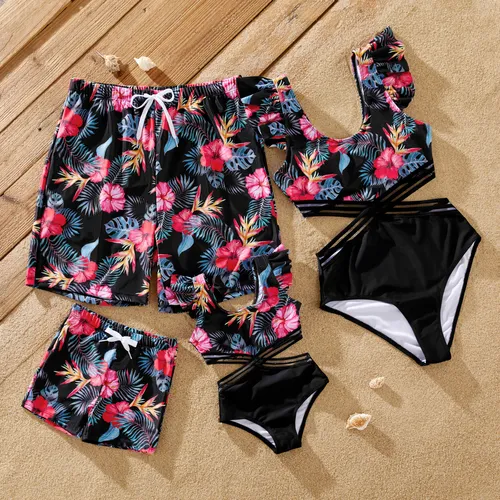 Family Matching Tropical Floral Drawstring Swim Trunks or Cross Front Flutter Sleeves One-Piece Swimsuit