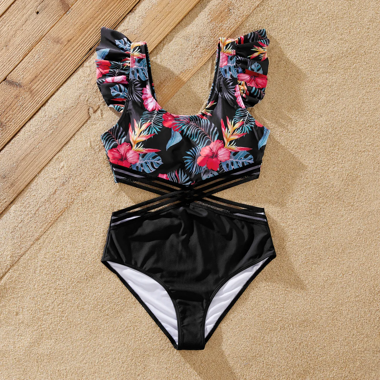 Family Matching Tropical Floral Drawstring Swim Trunks or Cross Front Flutter Sleeves One-Piece Swimsuit Black big image 1