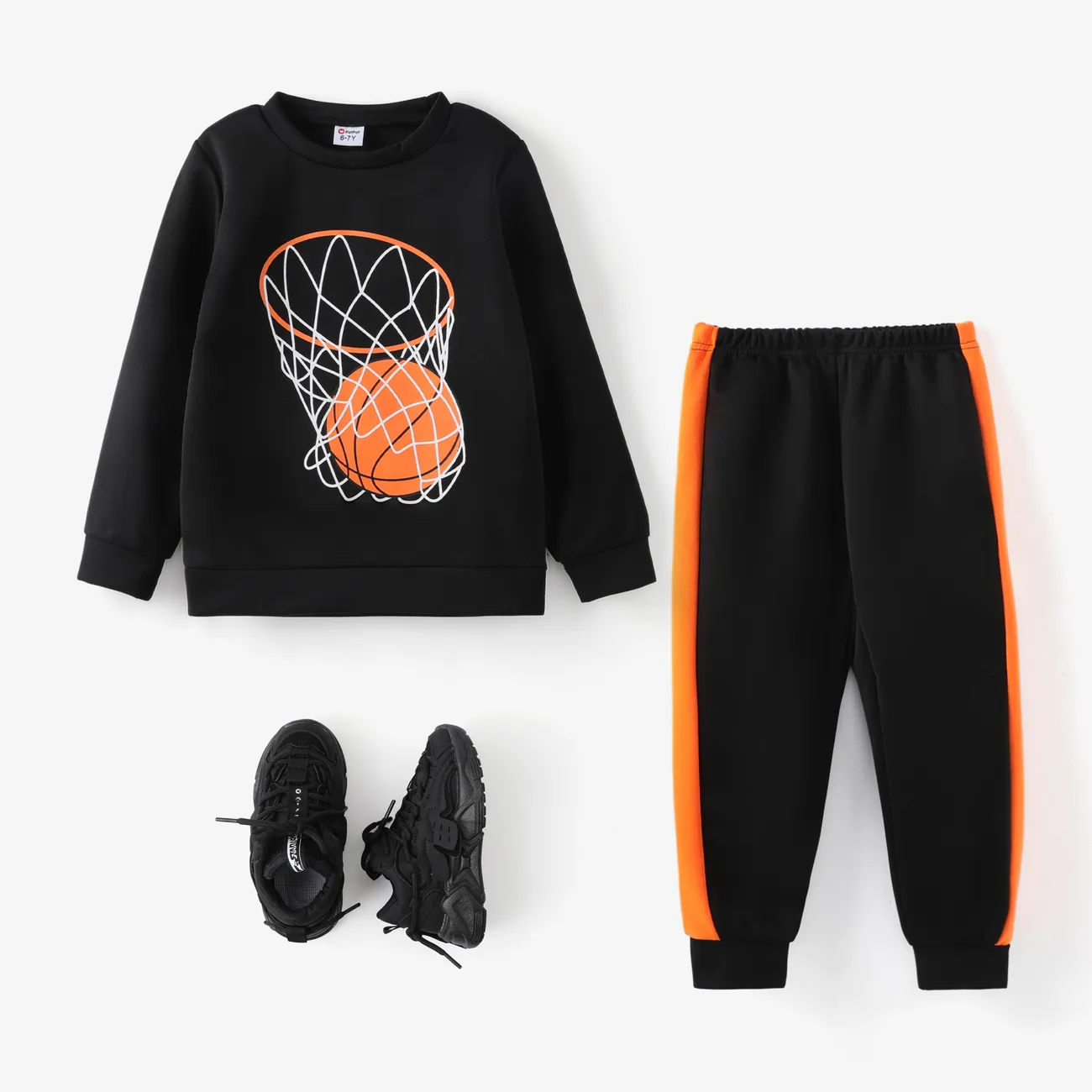 2-piece Kid Boy Ball Print Pullover Sweatshirt and Colorblock Pants Set Black big image 1
