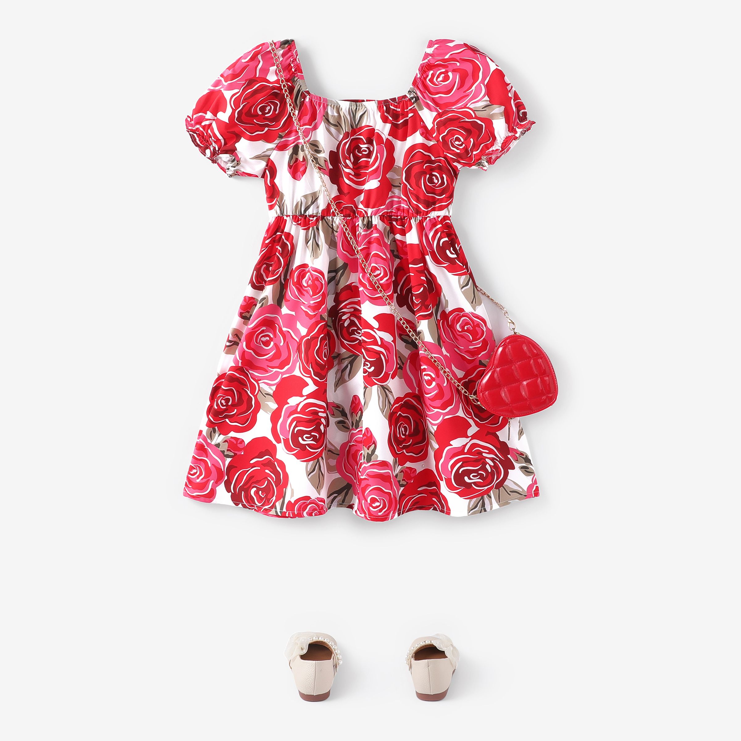 

Kid Girl Valentine's Day Floral Print Dress/ Chain Bag/ Shoes