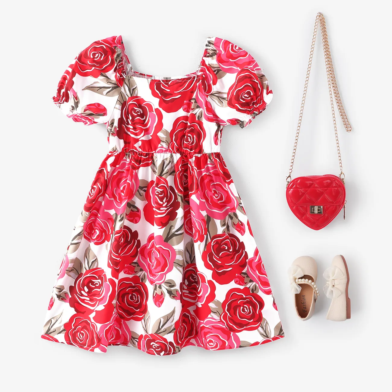 Kid Girl Floral Print Puff-sleeve Dress Red big image 1