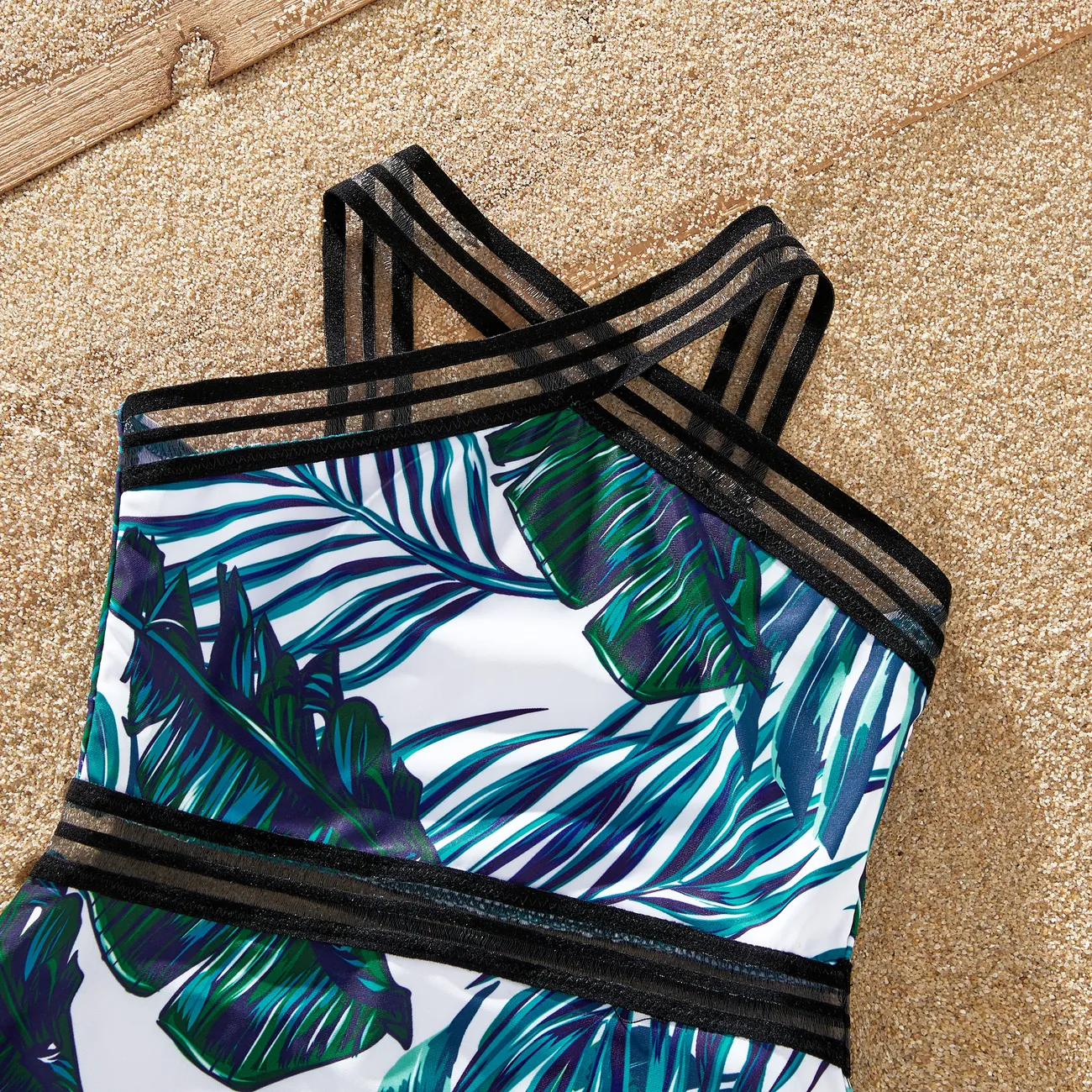 Family Matching Allover Palm Leaf Print Crisscross One-piece Swimsuit and Swim Trunks Green big image 1