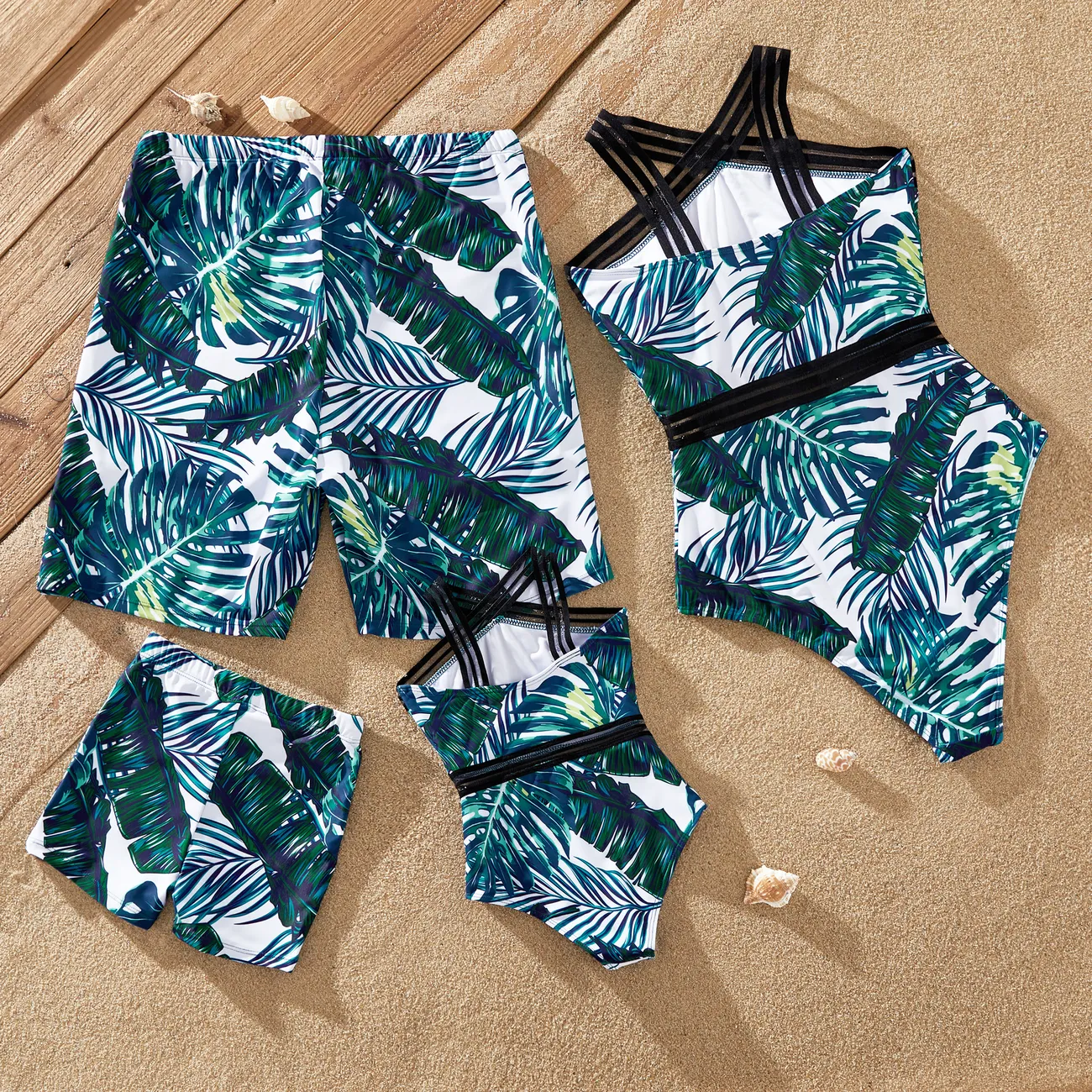 Family Matching Allover Palm Leaf Print Crisscross One-piece Swimsuit and Swim Trunks Green big image 1