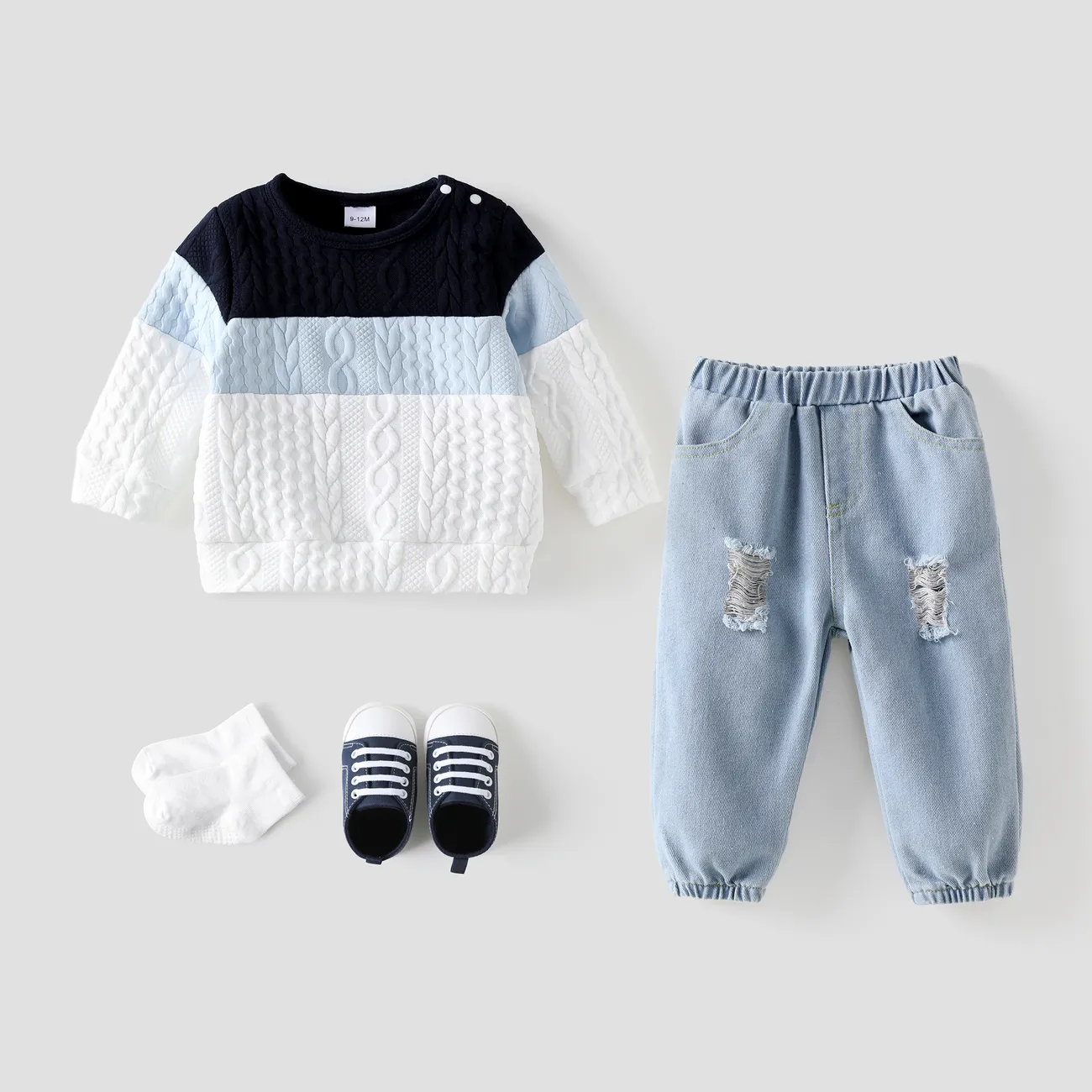 2pcs Baby Boy 95% Cotton Ripped Jeans and Textured Colorblock Long-sleeve Sweatshirt Set Blue big image 1