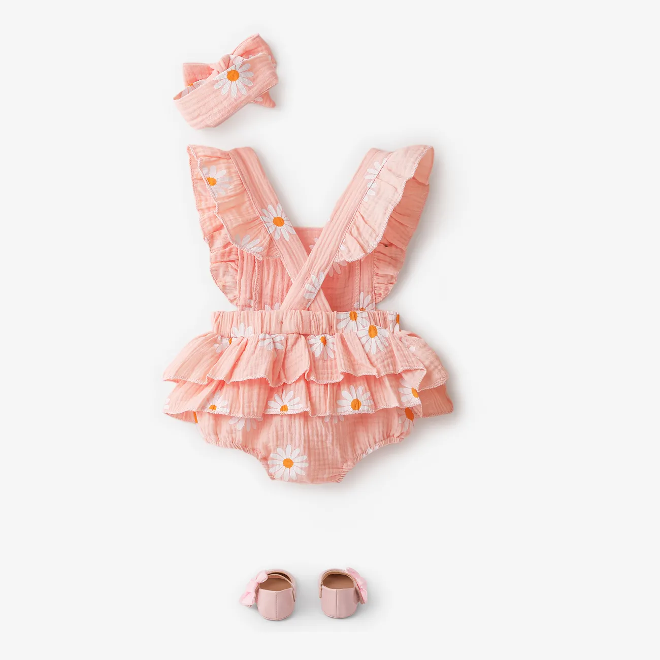 2件 嬰兒 女 荷葉邊 小雛菊 休閒 無袖 連身衣 粉色 big image 1