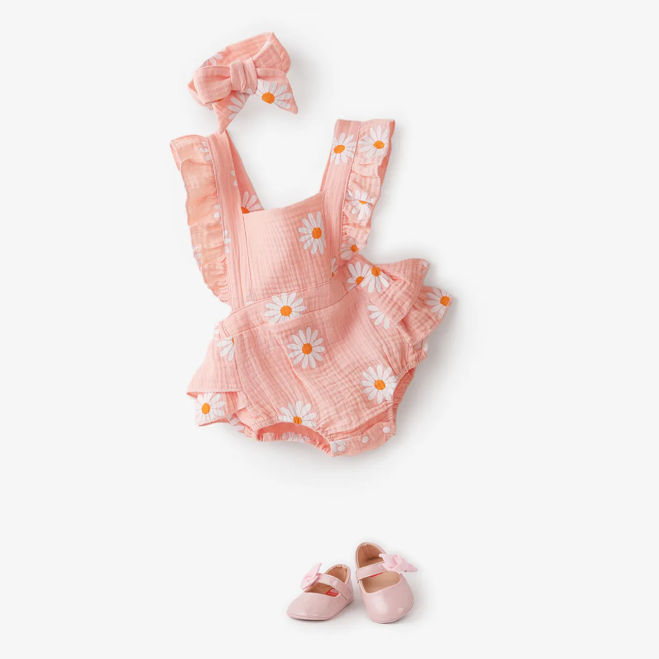 2 Stück Baby Mädchen Rüschenrand Kleine Gänseblümchen Lässig Ärmellos Strampler rosa big image 1