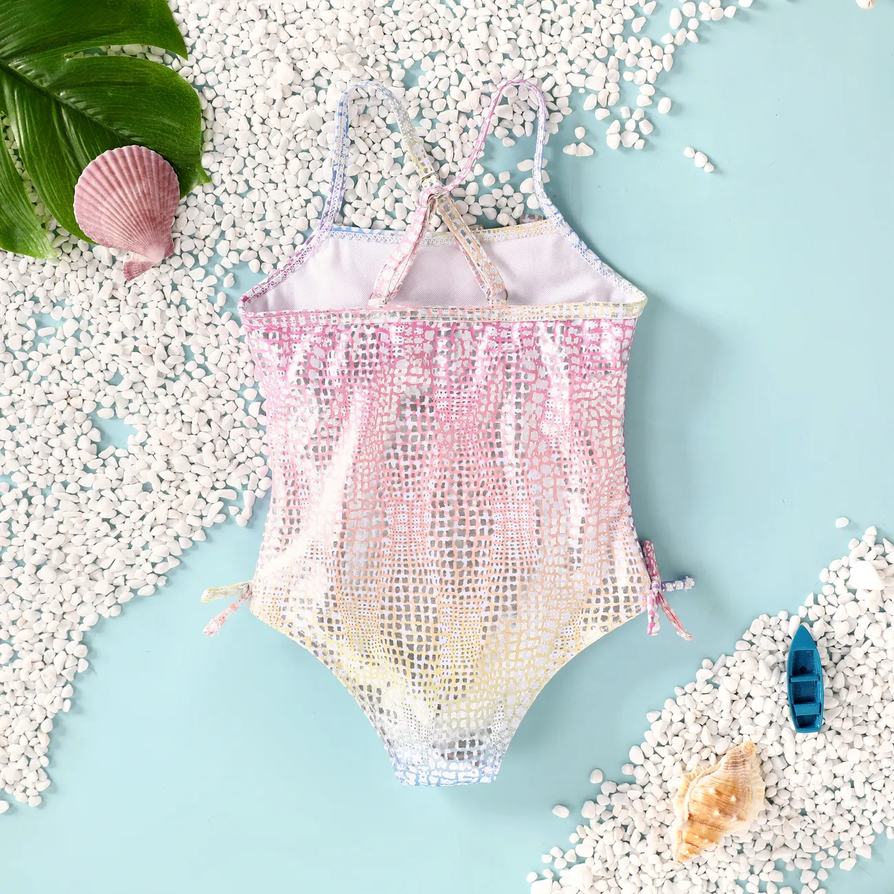 Sweet Toddler Girl One-Piece Swimsuit with Gradual Change Pattern and Tassel Pink big image 1