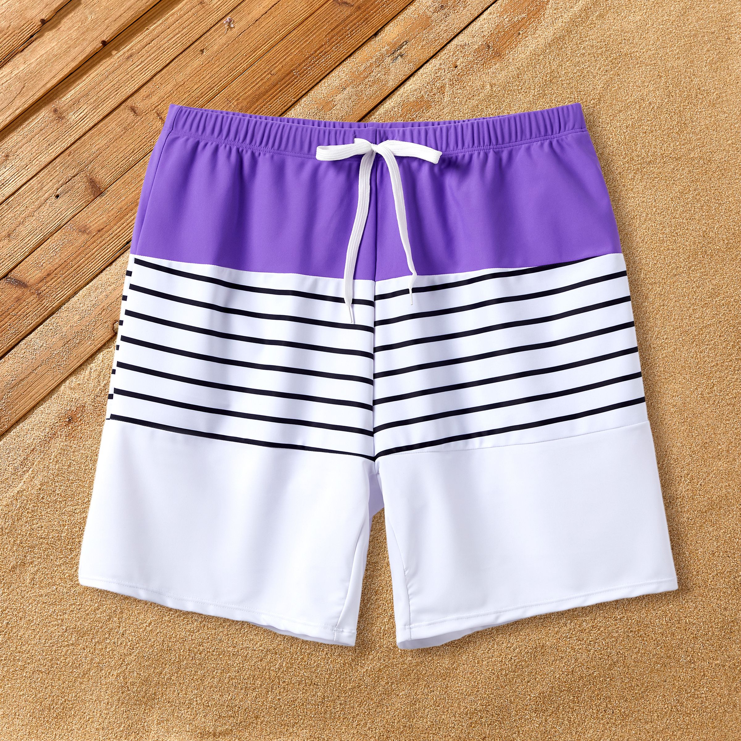 Family Matching Colorblock Stripe Swim Trunks Or Purple Tie Halter Scallop Trim Swimsuit