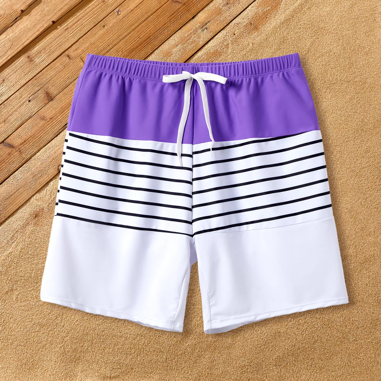 Family Matching Colorblock Stripe Swim Trunks or Purple Tie Halter Scallop Trim Swimsuit Purple big image 1
