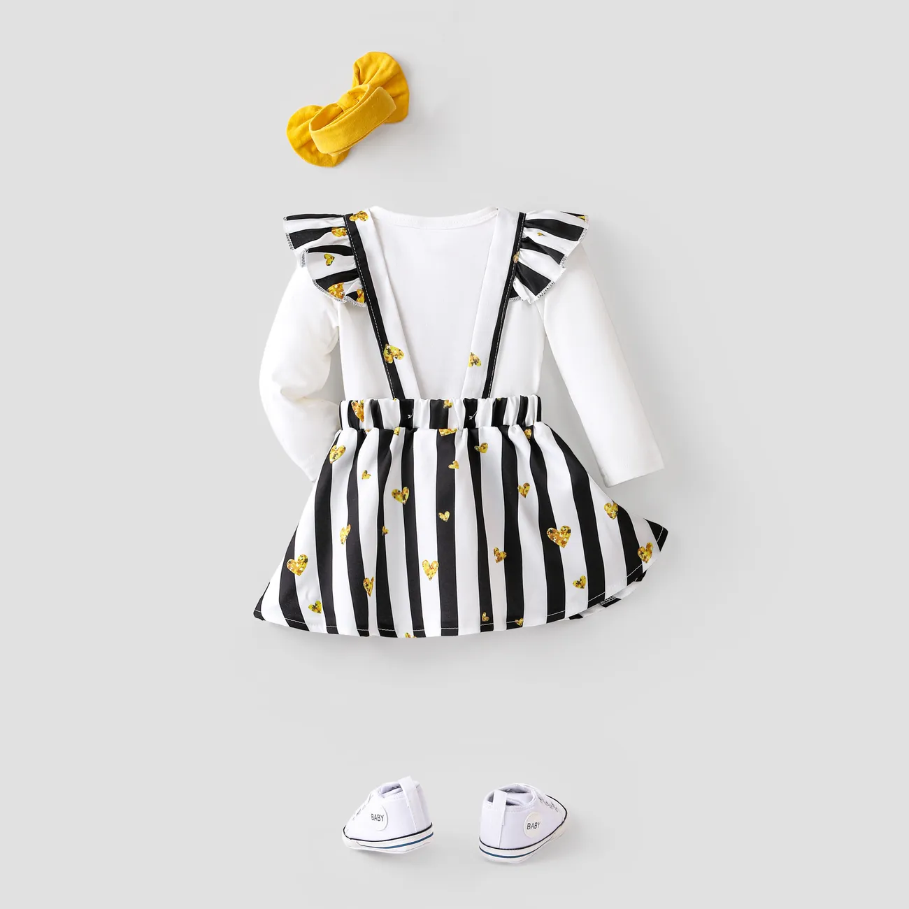 3pcs Baby Girl Stripe Bear Pattern Hyper-Tactile 3D Design Bow Suit Dress Black/White big image 1