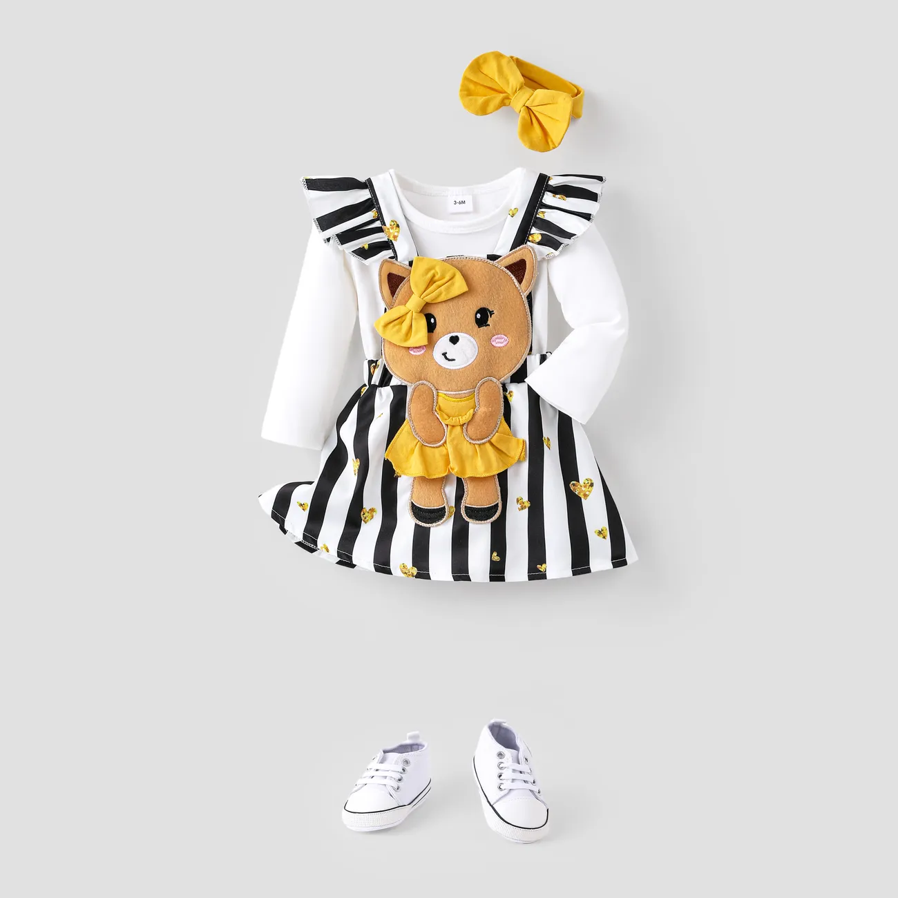 3pcs Baby Girl Stripe Bear Pattern Hyper-Tactile 3D Design Bow Suit Dress Black/White big image 1