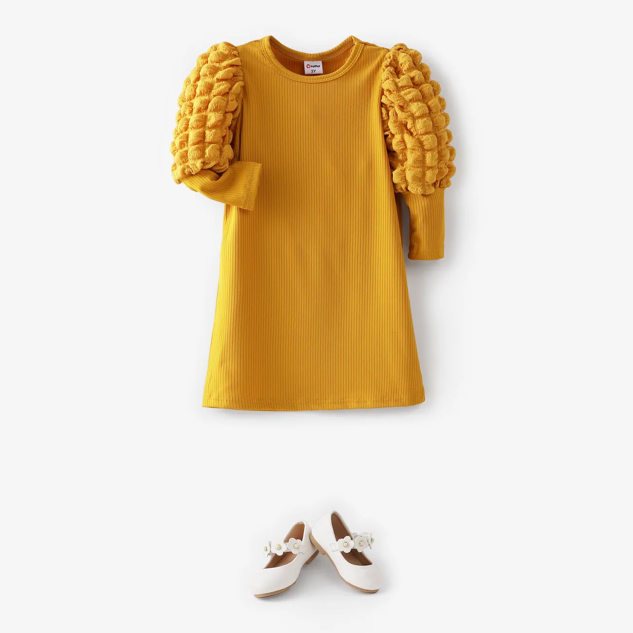 Toddler Girl Textured Ribbed Long Puff-sleeve Dress (Belt is not included) Yellow big image 1