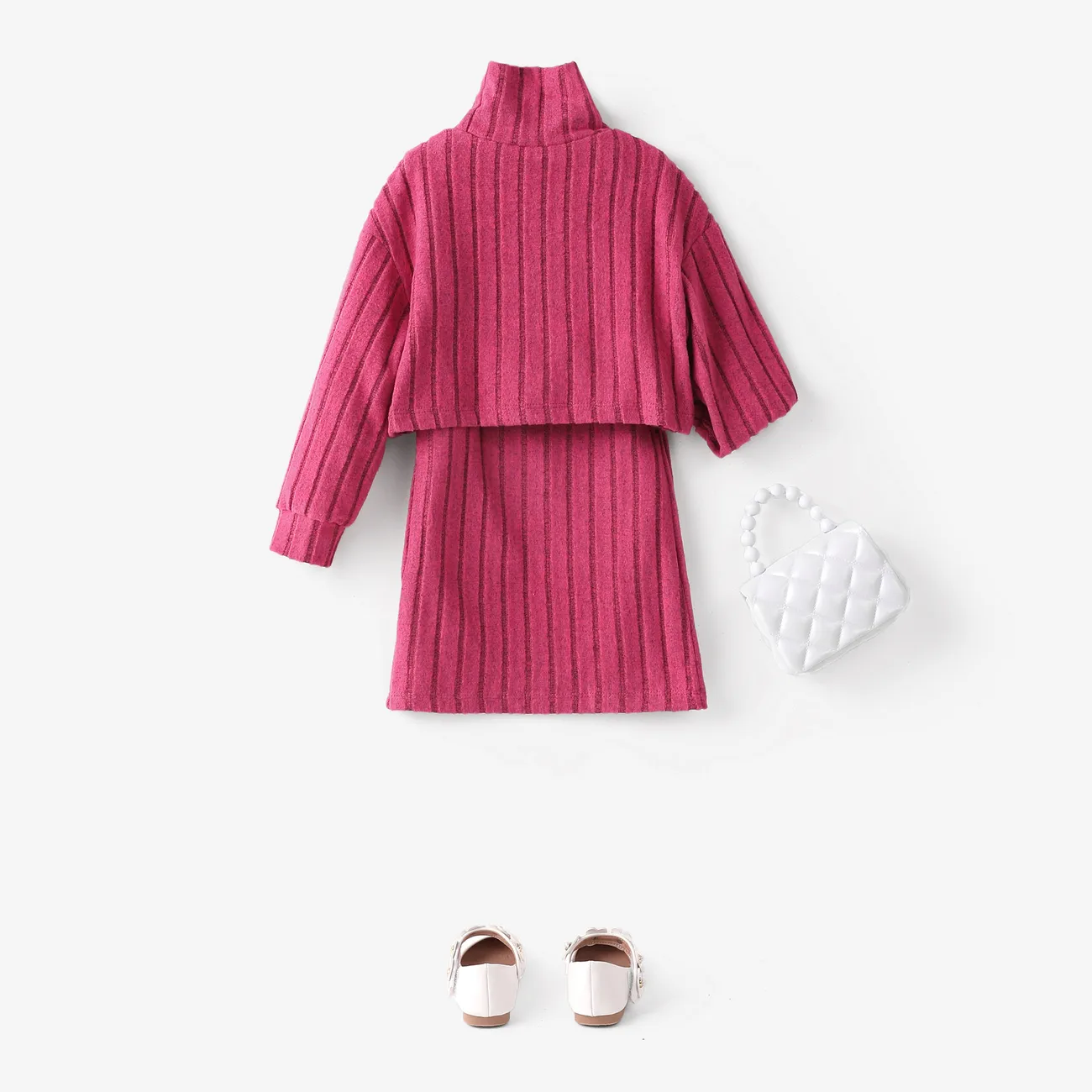 2PCS Toddler Girl Solid Stand Collar Long Sleeve Dress Set Roseo big image 1