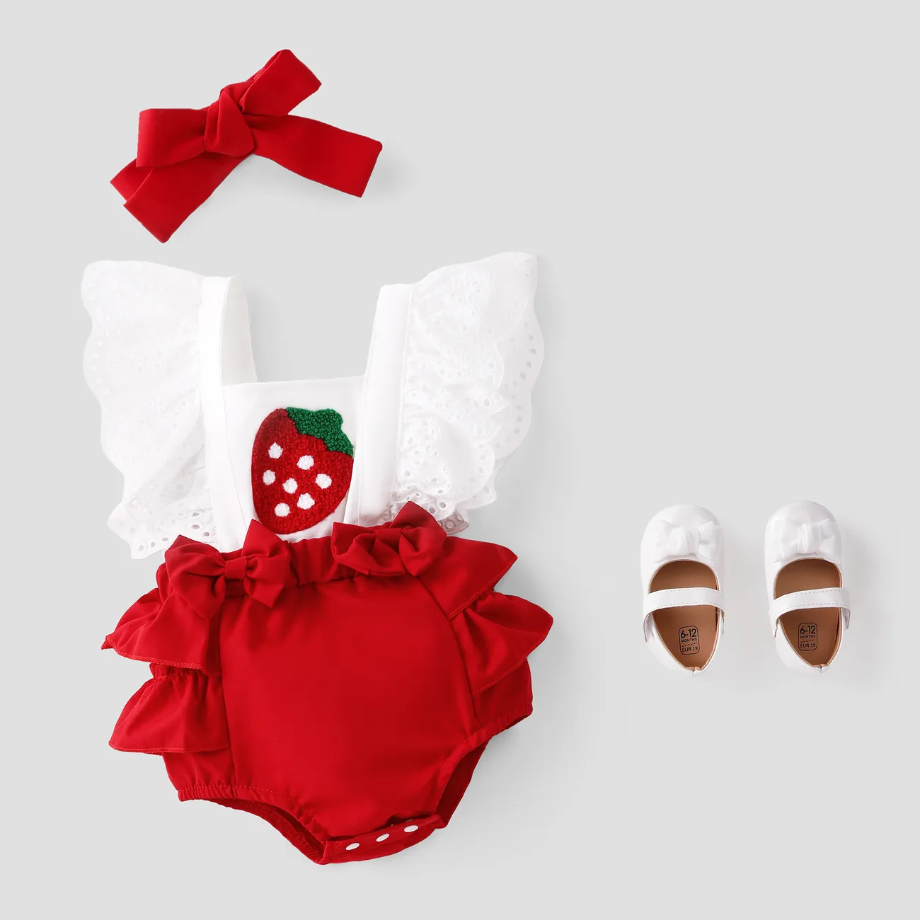 2pcs Baby Girl Strawberry Embroidered Bow Front Ruffled Spliced Romper & Headband Set Red big image 1