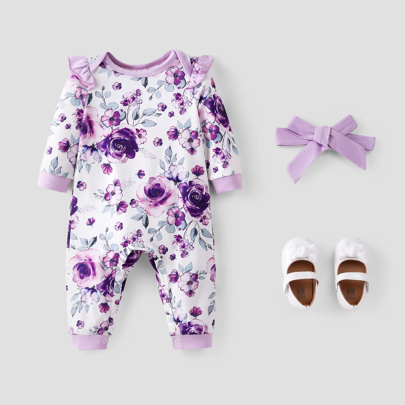 2件 嬰兒 女 鈕扣 大花 甜美 長袖 長腿連身衣 淺紫 big image 1