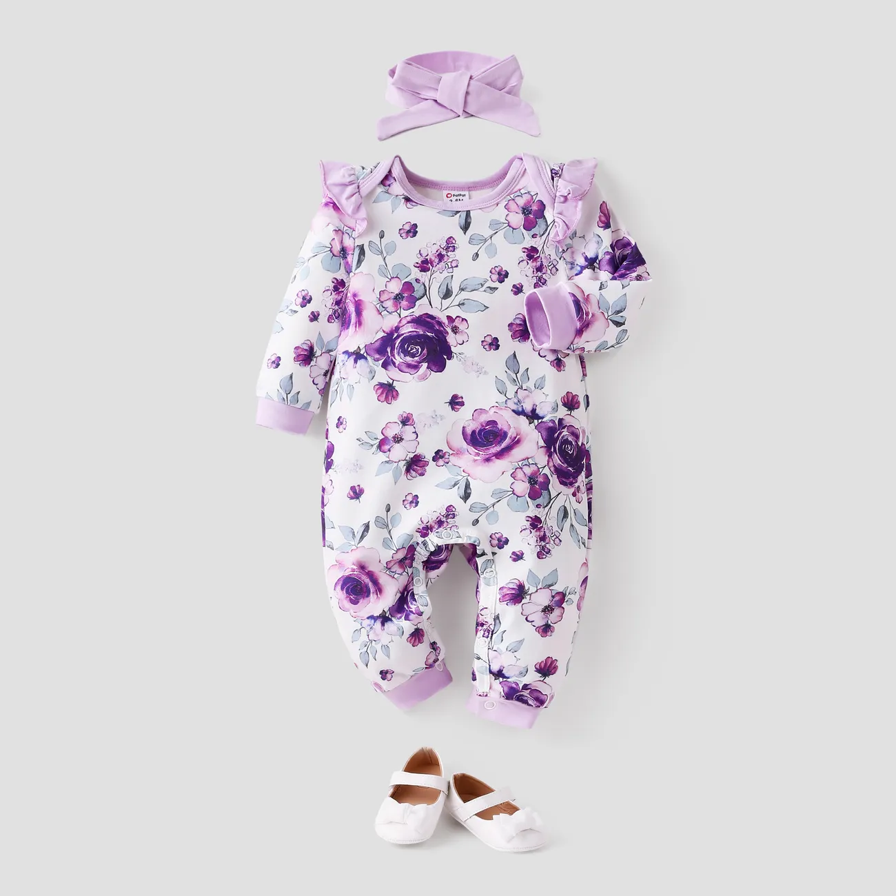 2pcs Baby Girl Floral Sweet Long Sleeve Jumpsuit Set Light Purple big image 1