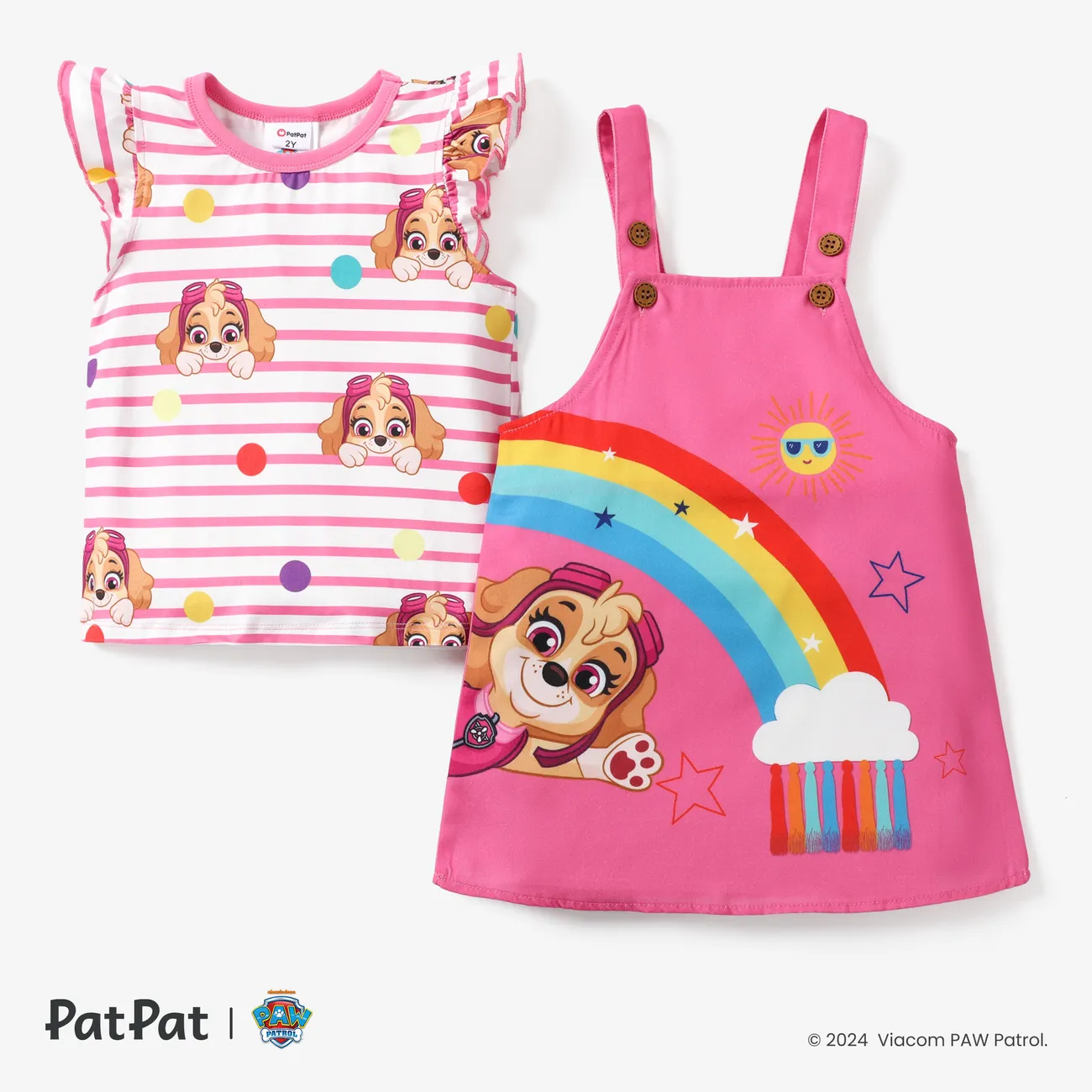 Paw Patrol 2pcs Toddler Girls Character Print Striped Puff-Sleeve Top with Rainbow Strap Dress Set
 Pink big image 1