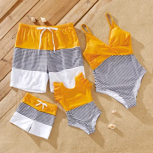 Family Matching Striped Colorblock Swim Trunks Shorts and Spaghetti Strap Splicing One-Piece Swimsuit