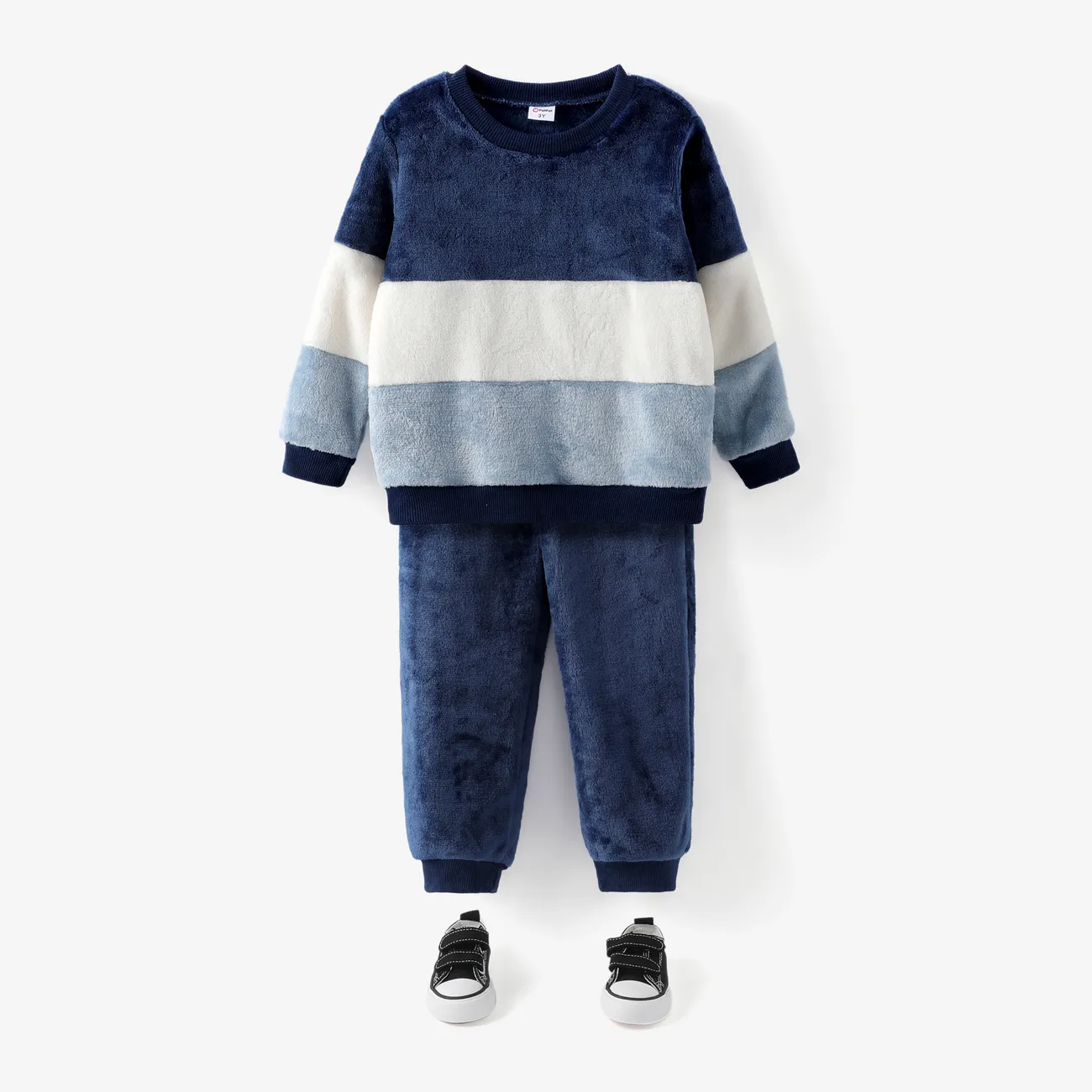 2-piece Toddler Boy Colorblock Fuzzy Flannel Fleece Pullover Sweatshirt and Solid Color Pants Set Tibetan blue big image 1