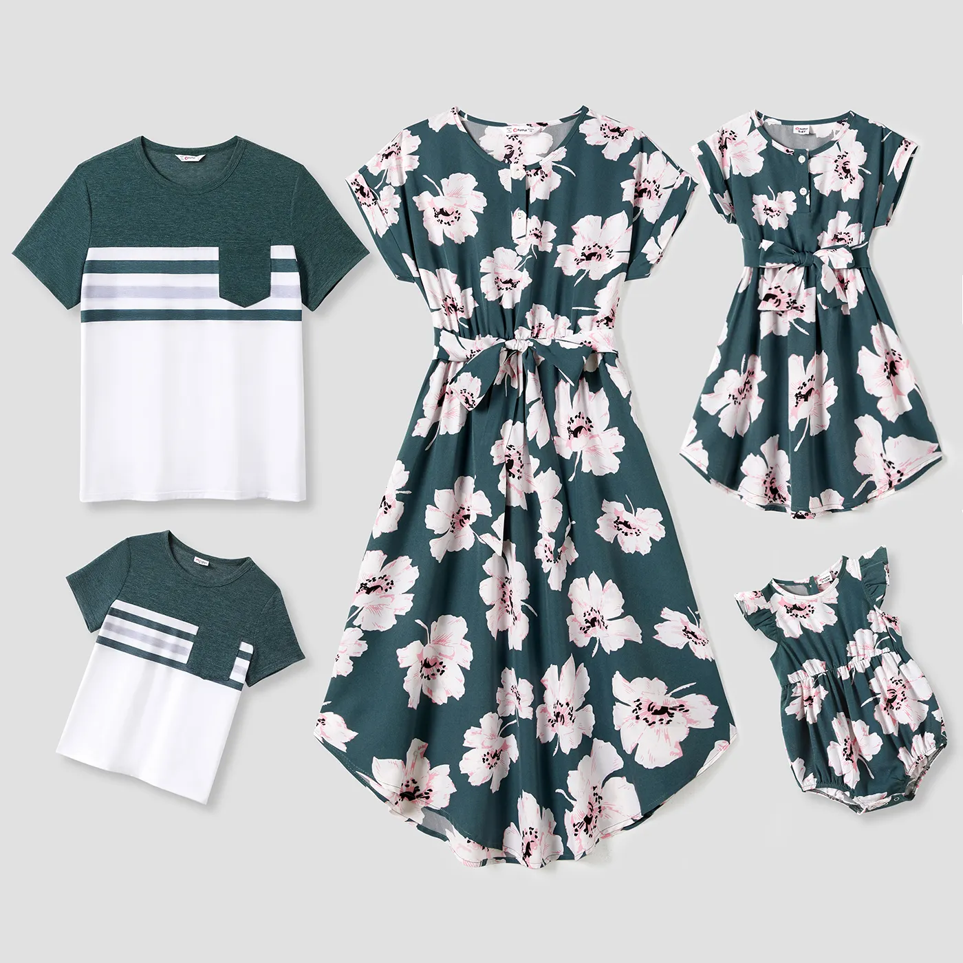 Famille Matching Allover Floral Print Curved Hem Belted Robes Et Colorblock Striped T-shirts Sets