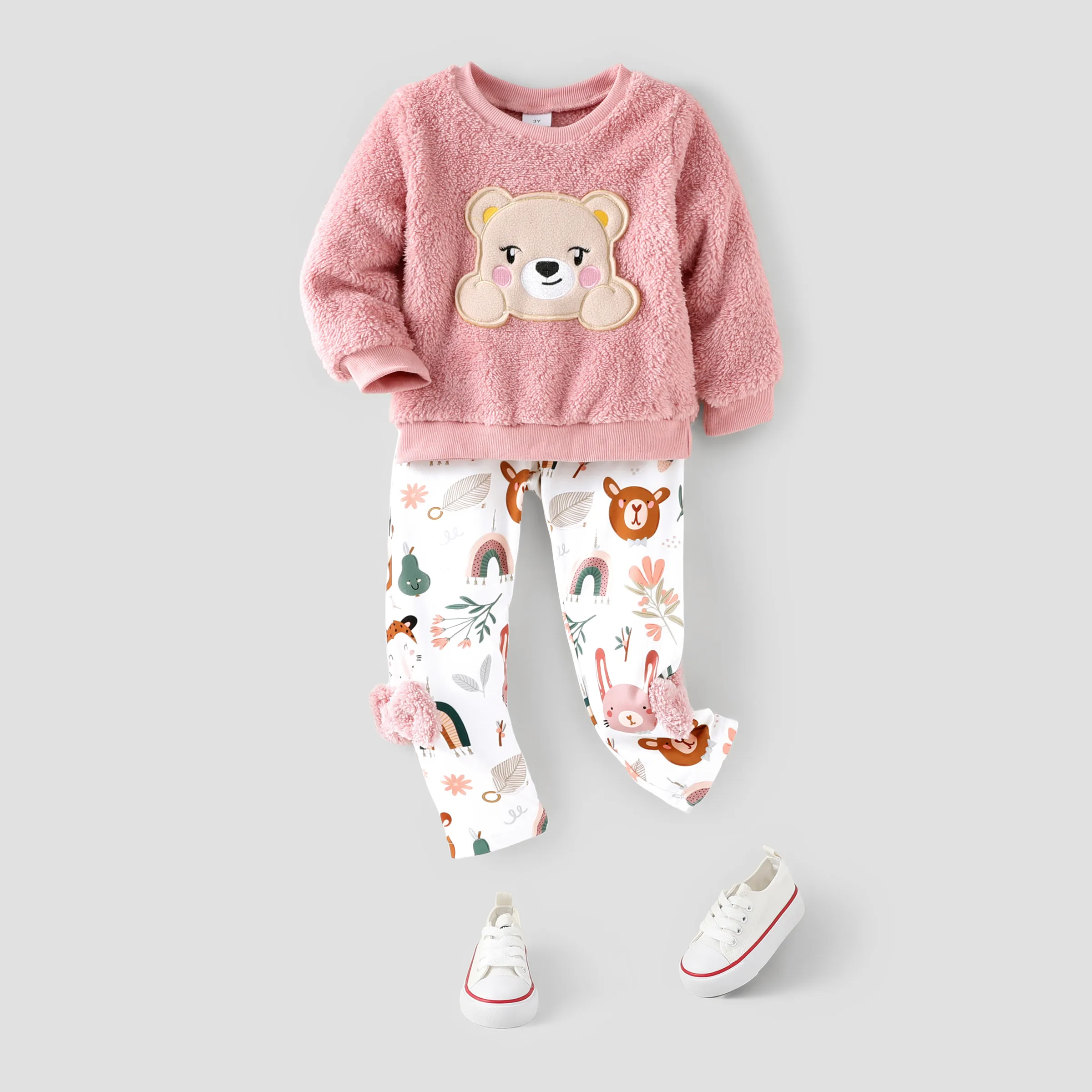 2pcs Toddler Girl Bear Embroidered Sweatshirt And Bows Design Leggings Set/ Shoes
