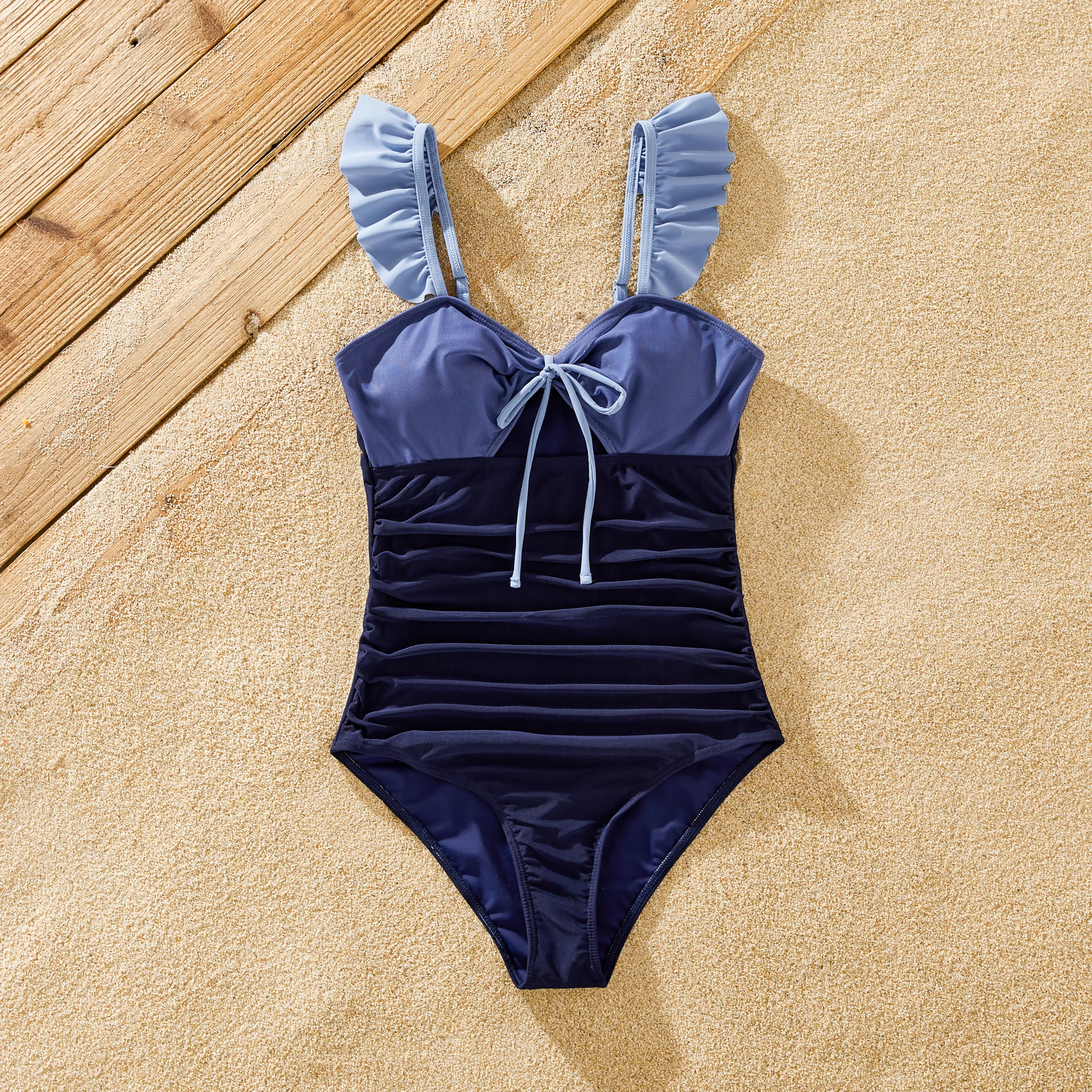 

Family Matching Drawstring Swim Trunks or Ruched Bow Tie Cut Out Mesh Ruffle Strap One-Piece Swimsuit (Quick-Dry)