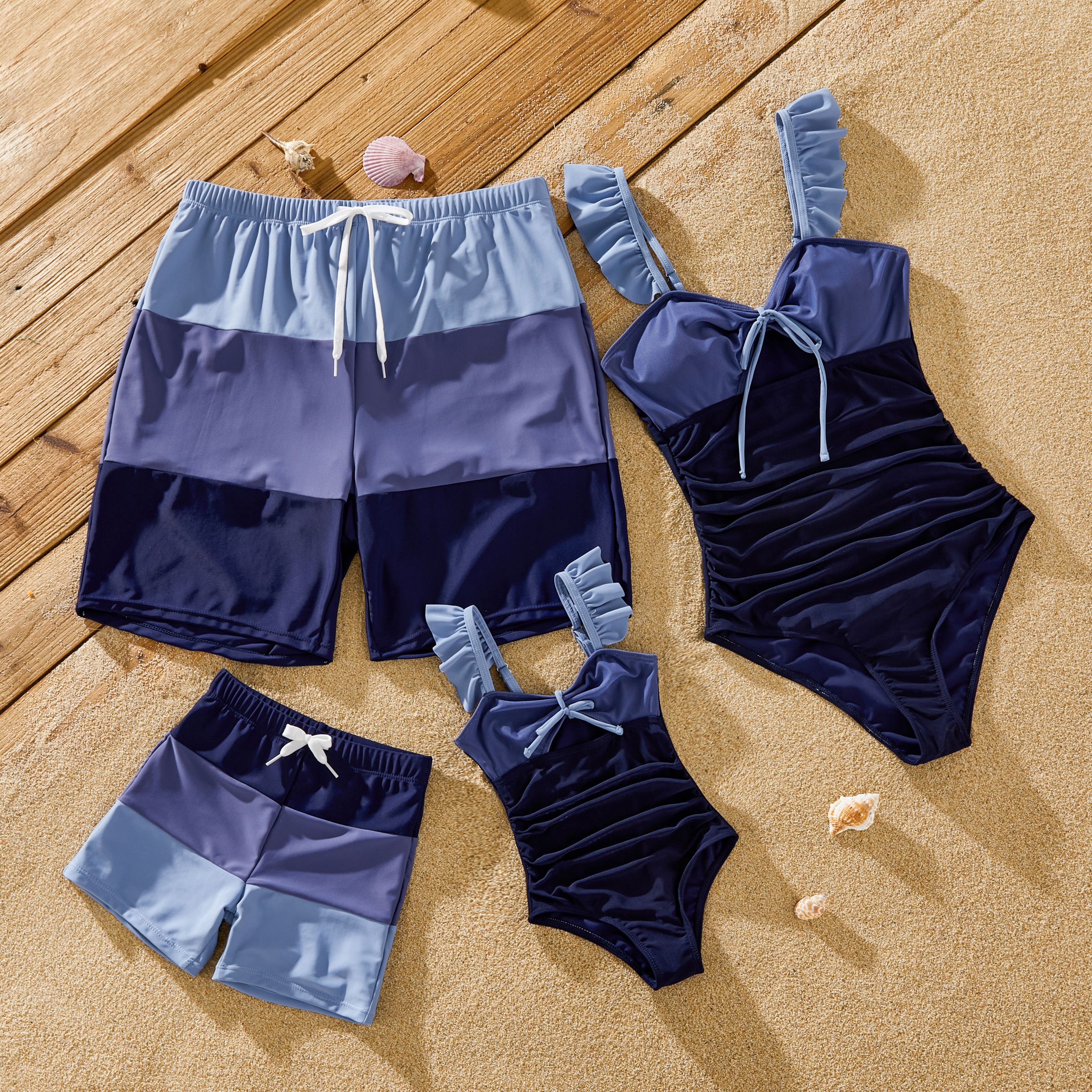 

Family Matching Drawstring Swim Trunks or Ruched Bow Tie Cut Out Mesh Ruffle Strap One-Piece Swimsuit (Quick-Dry)