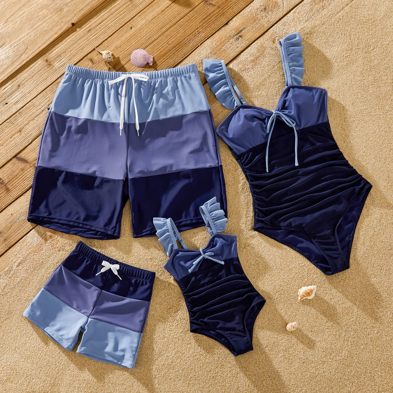 ملابس السباحة إطلالة العائلة للجنسين خياطة النسيج لون سادة متعدد الألوان big image 1