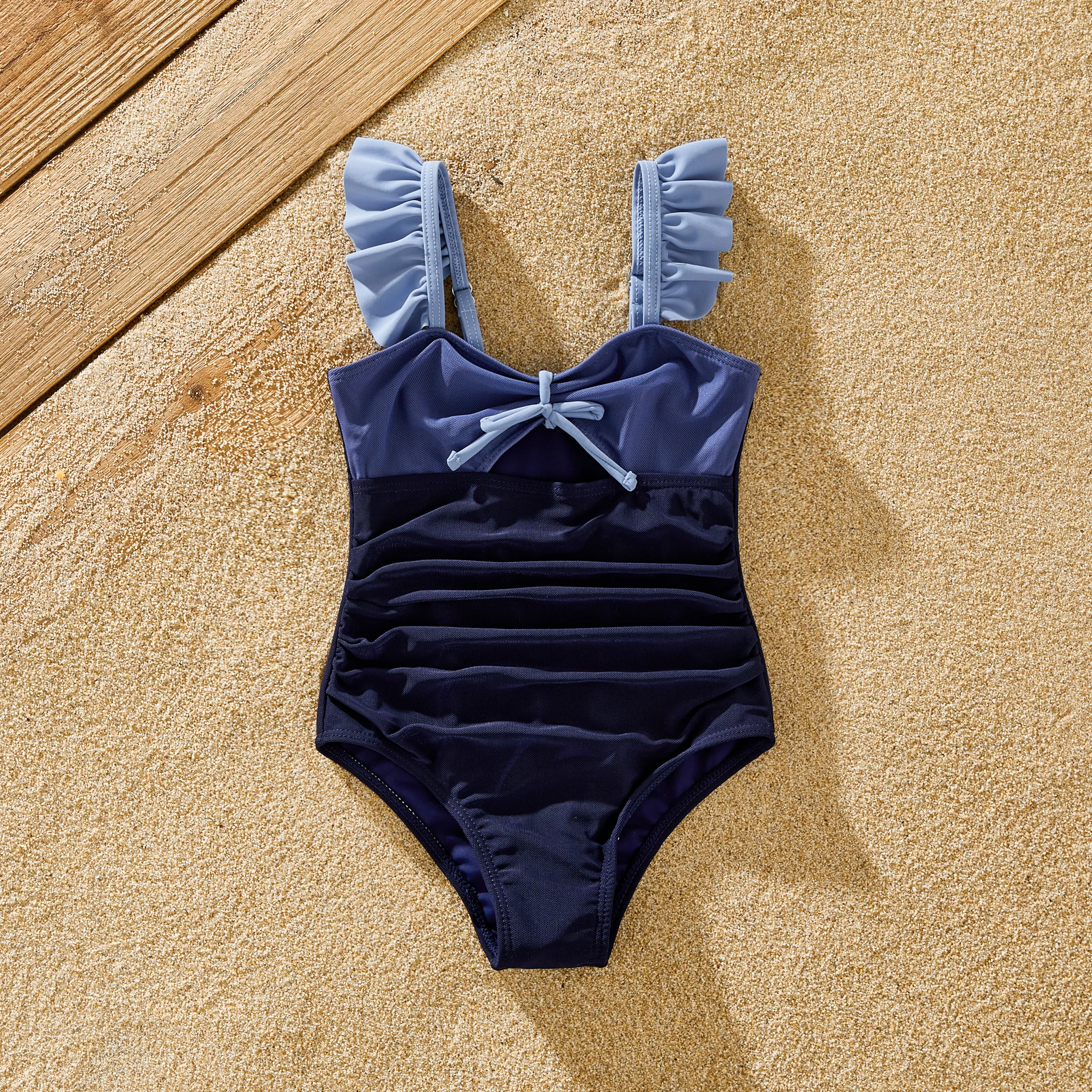 Family Matching Drawstring Swim Trunks or Ruched Bow Tie Cut Out Mesh Ruffle Strap One-Piece Swimsui