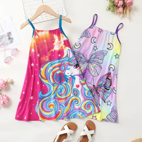  Kid Girls Colorful Cartoon Printed Milk Silk Dress with Hanging Strap 