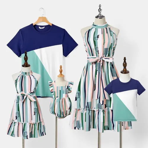Family Matching Colorblock T-Shirt and Multi-Color Vertical Strip High Neck Halter Dress Sets