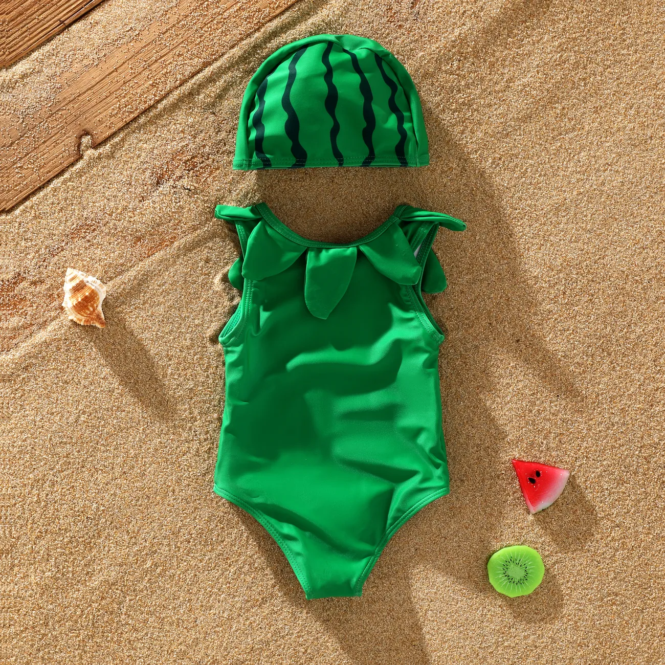 Girl's 2pcs Hyper-Tactile Solid Color Swimsuit, Polyester and Spandex, Machine Wash - Baby Swimwear. Green big image 1