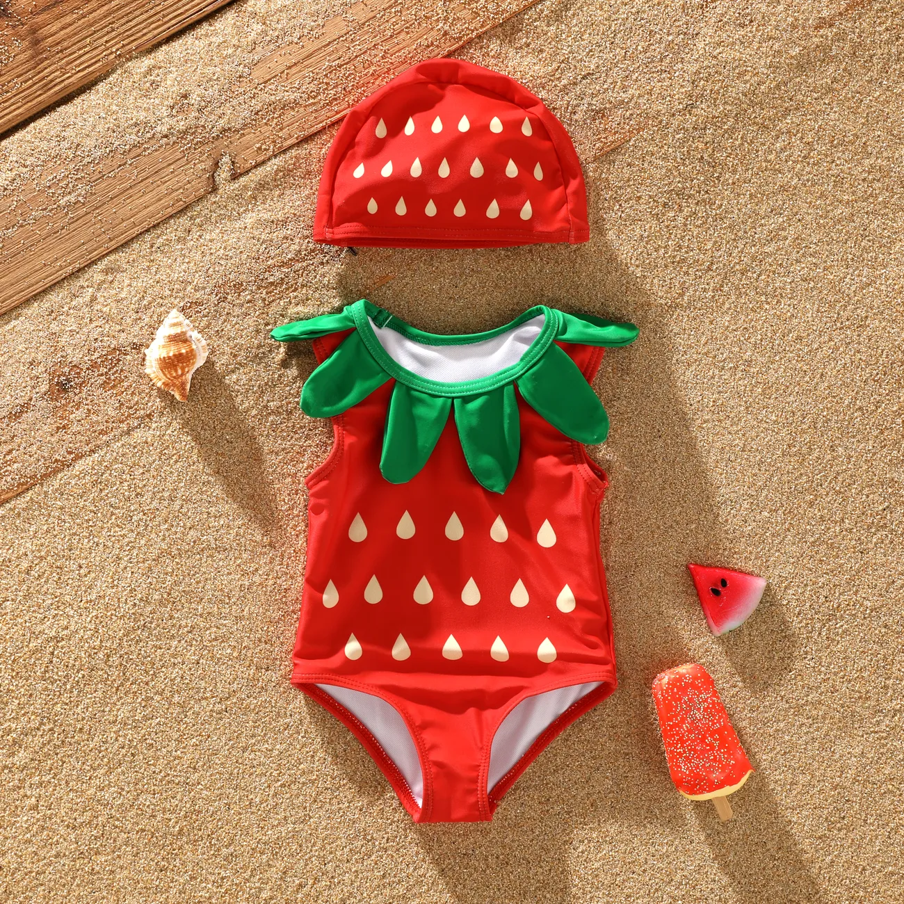 Baby Girl's 2pcs Hyper-Tactile Solid Color Swimsuit Red big image 1