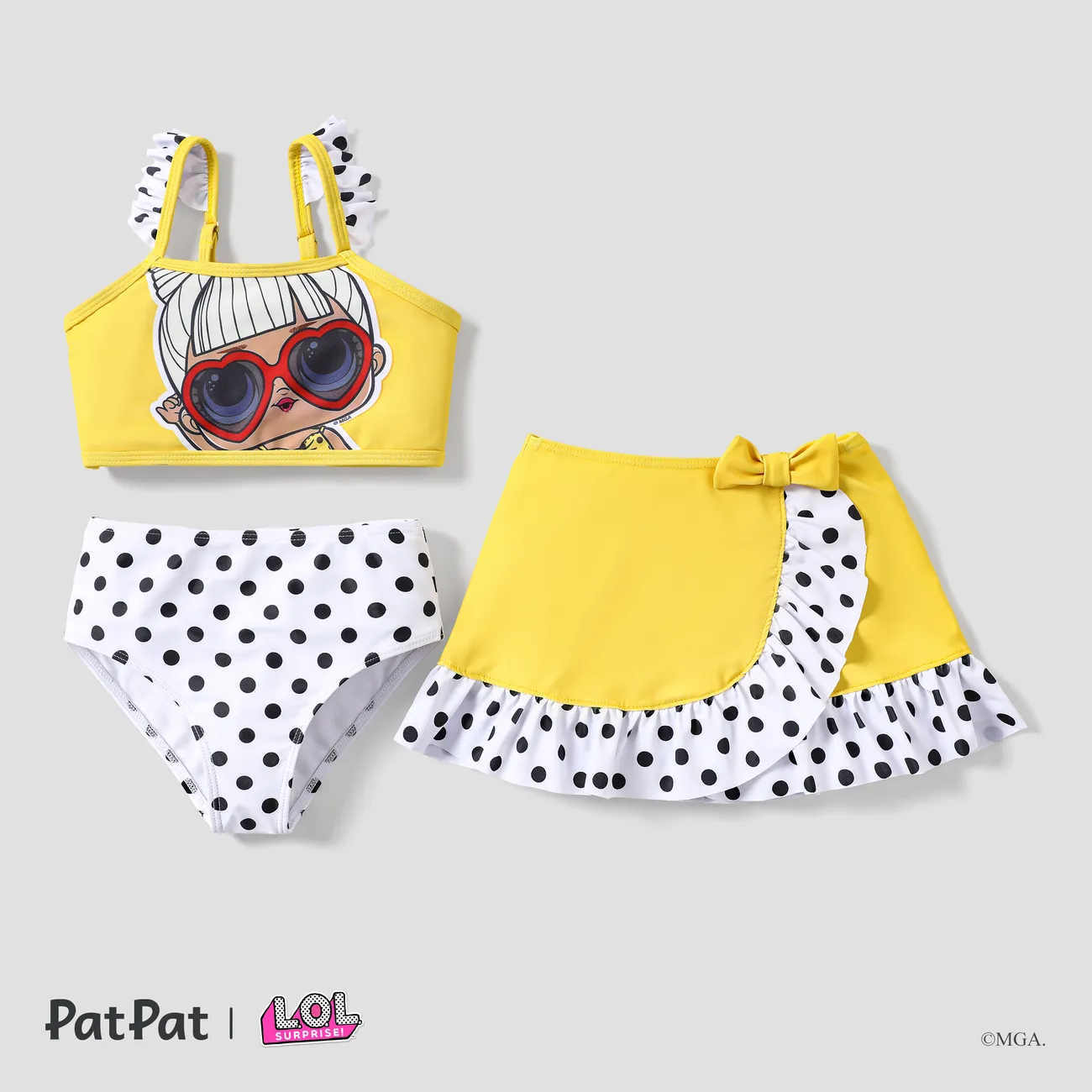 L.O.L. SURPRISE! 3pcs Toddler/Kid Girl Bowknot/Polk dot Print Swimming suit Yellow big image 1
