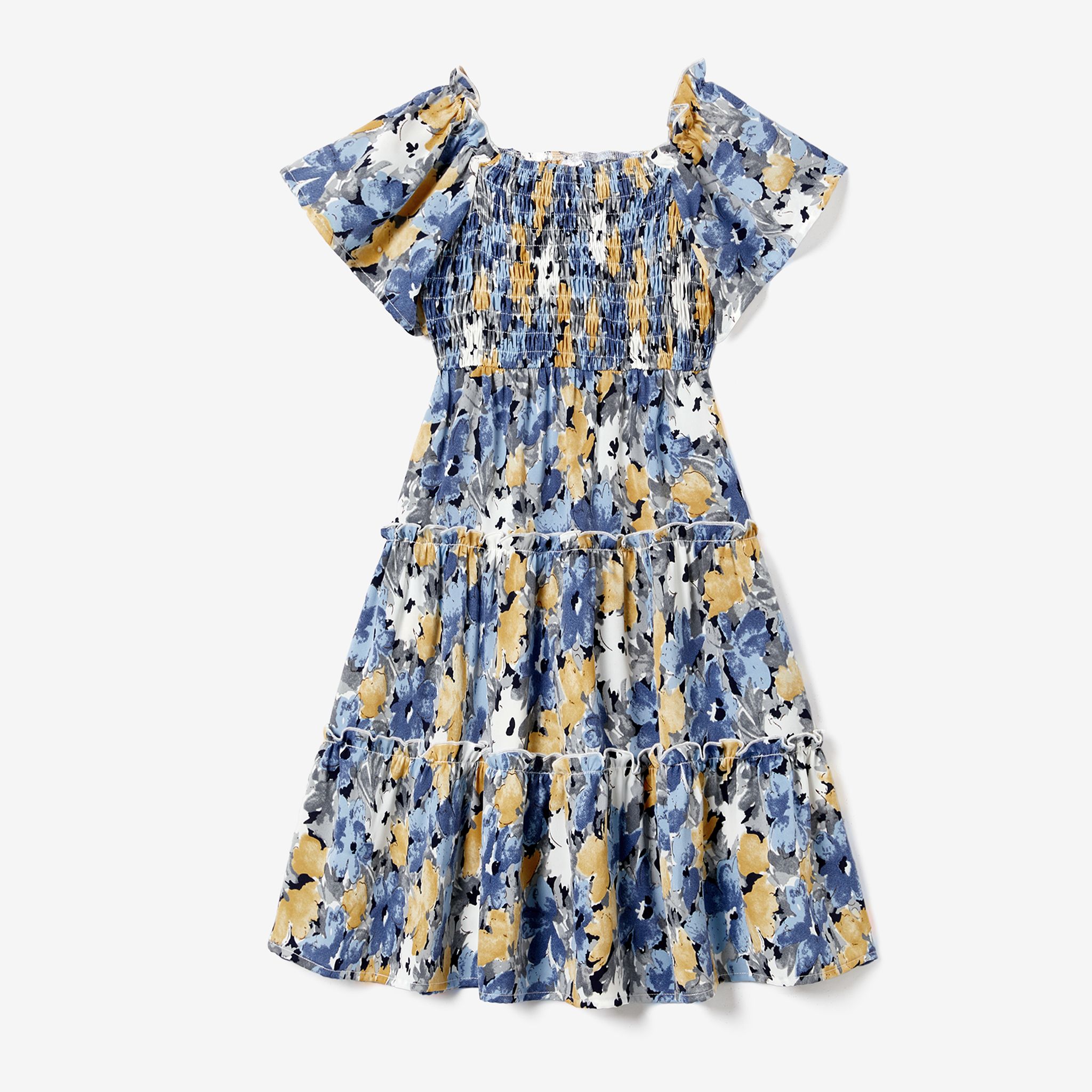 Family Matching Solid Color Blue Raglan Sleeve T-Shirt And Floral Shirred Tiered Dresses Sets