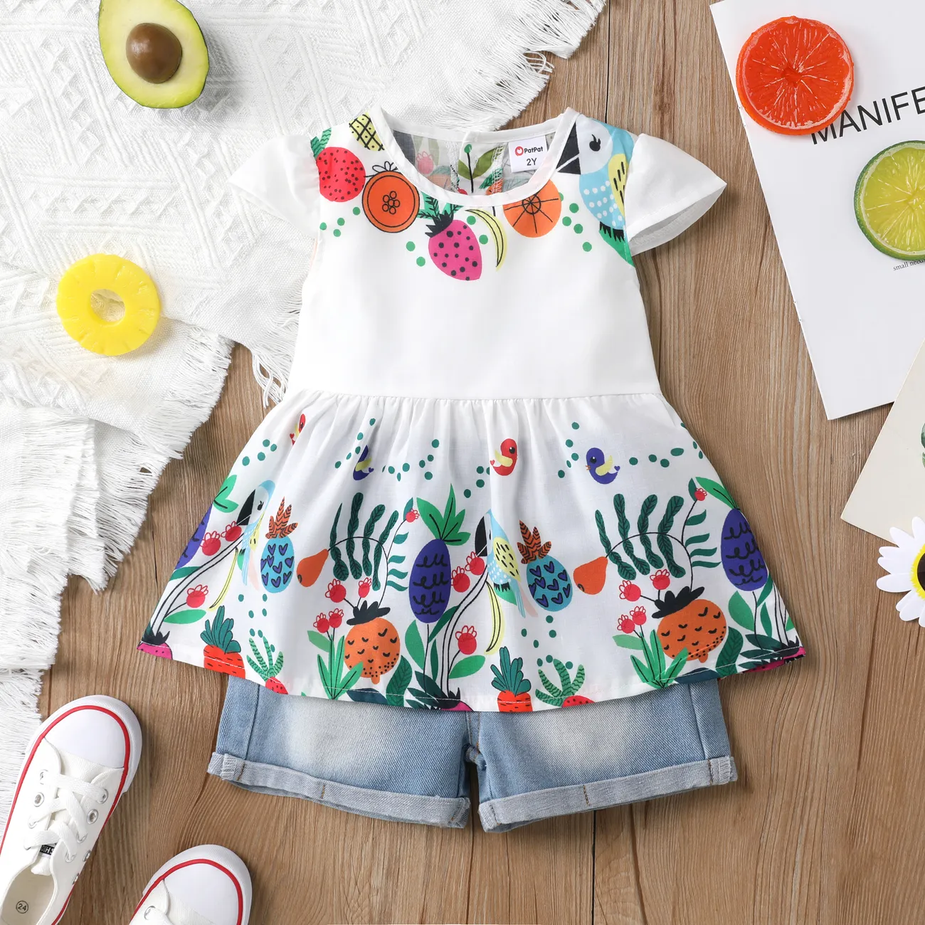 2pcs Toddler Girl Sweet Fruit and Vegetable Dress and Denim Pants Set White big image 1