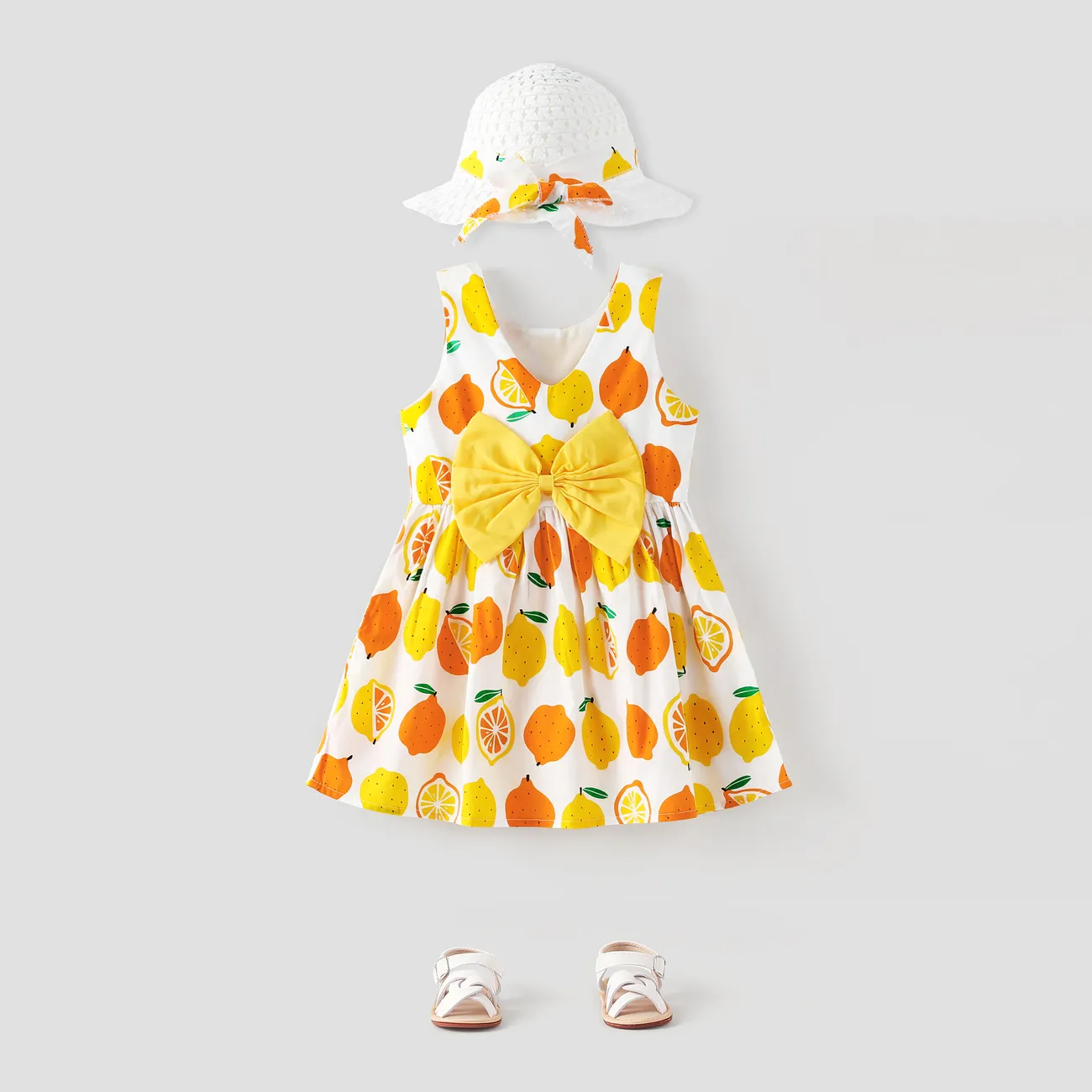 100% Cotton 2pcs Baby Girl All Over Lemon Print V Neck Sleeveless Bowknot Dress with Hat Set White big image 1