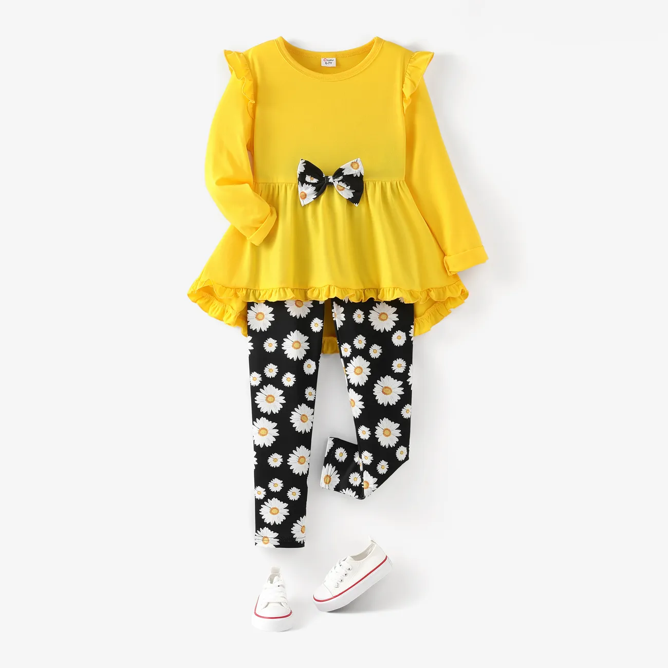 2pcs Kid Girl Ruffled Bowknot Design High Low Long-sleeve Tee and Floral Print Leggings Set Yellow big image 1