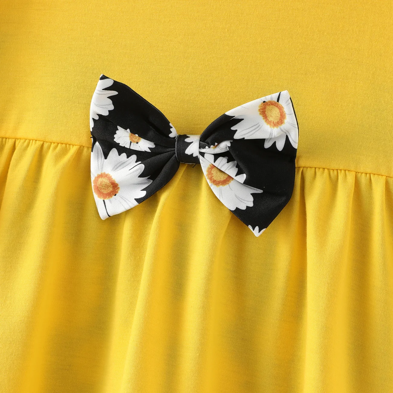 2pcs Kid Girl Ruffled Bowknot Design High Low Long-sleeve Tee and Floral Print Leggings Set Yellow big image 1