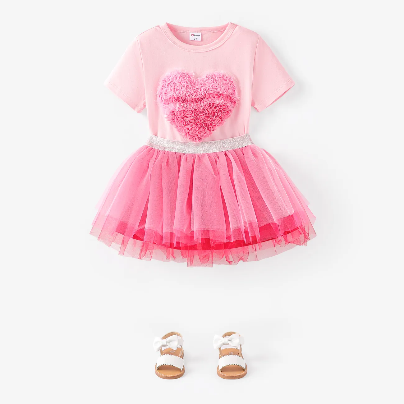 Toddler Girl Valentine's Day 2pcs Heart-shaped Mesh Tee and Mesh Tutu Skirt Set Pink big image 1