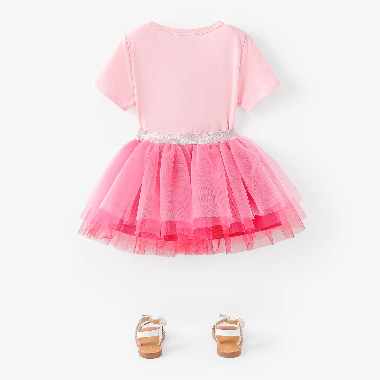 Toddler Girl Valentine's Day 2pcs Heart-shaped Mesh Tee and Mesh Tutu Skirt Set Pink big image 1